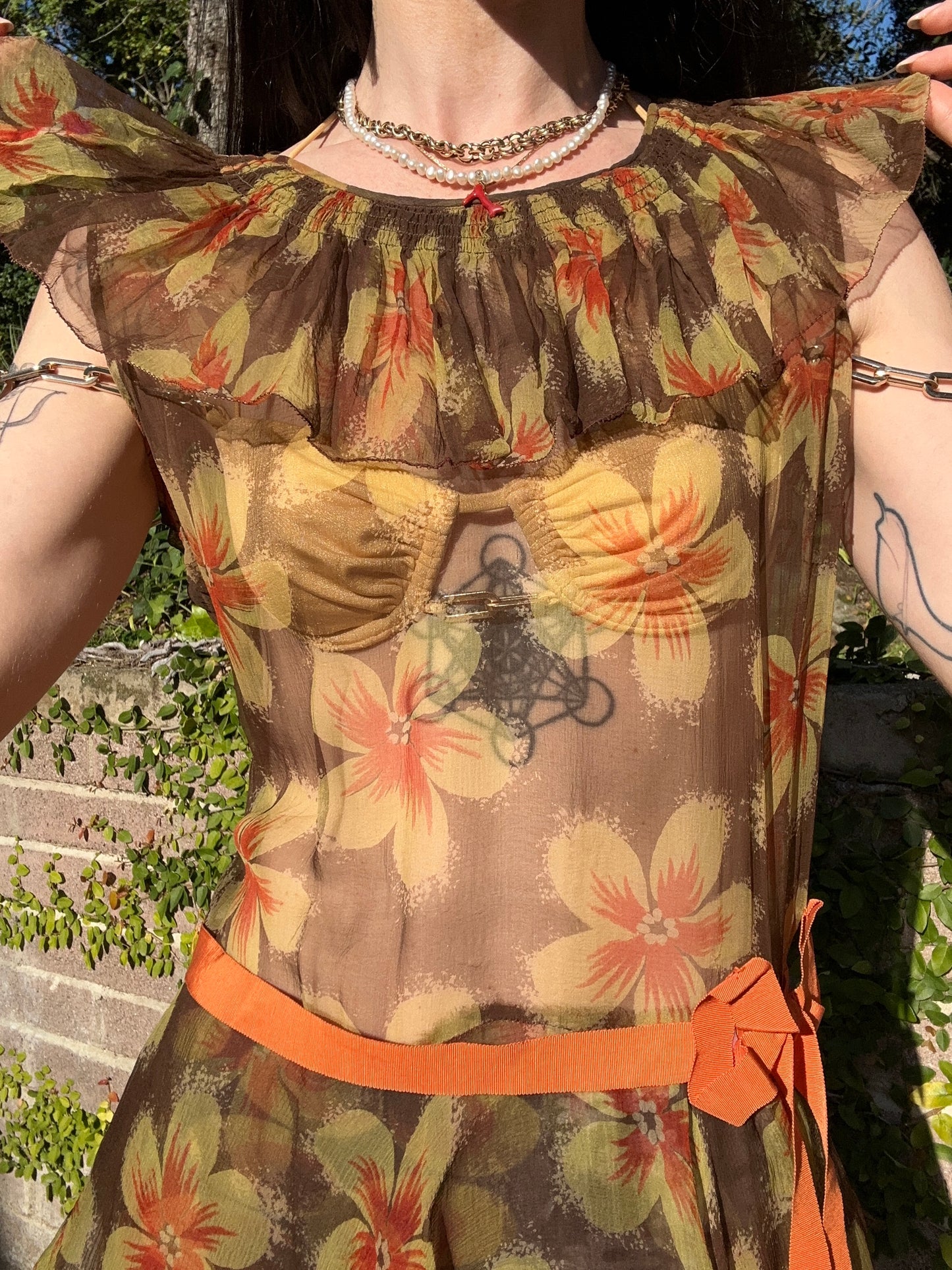 Antique 1930's Pure Silk Chiffon Floral Dress with Bows