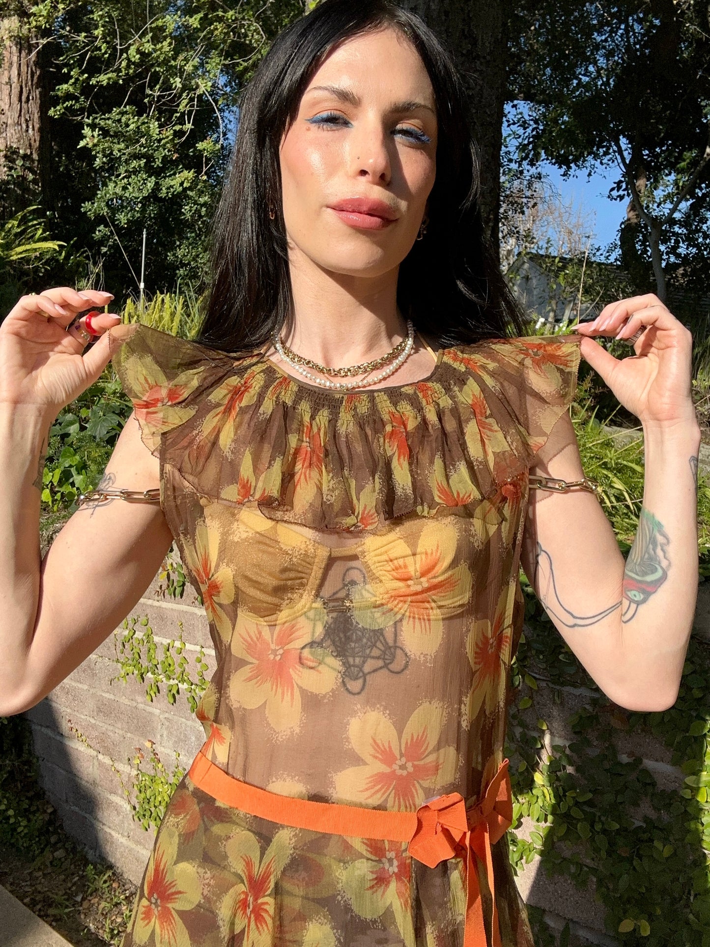 Antique 1930's Pure Silk Chiffon Floral Dress with Bows