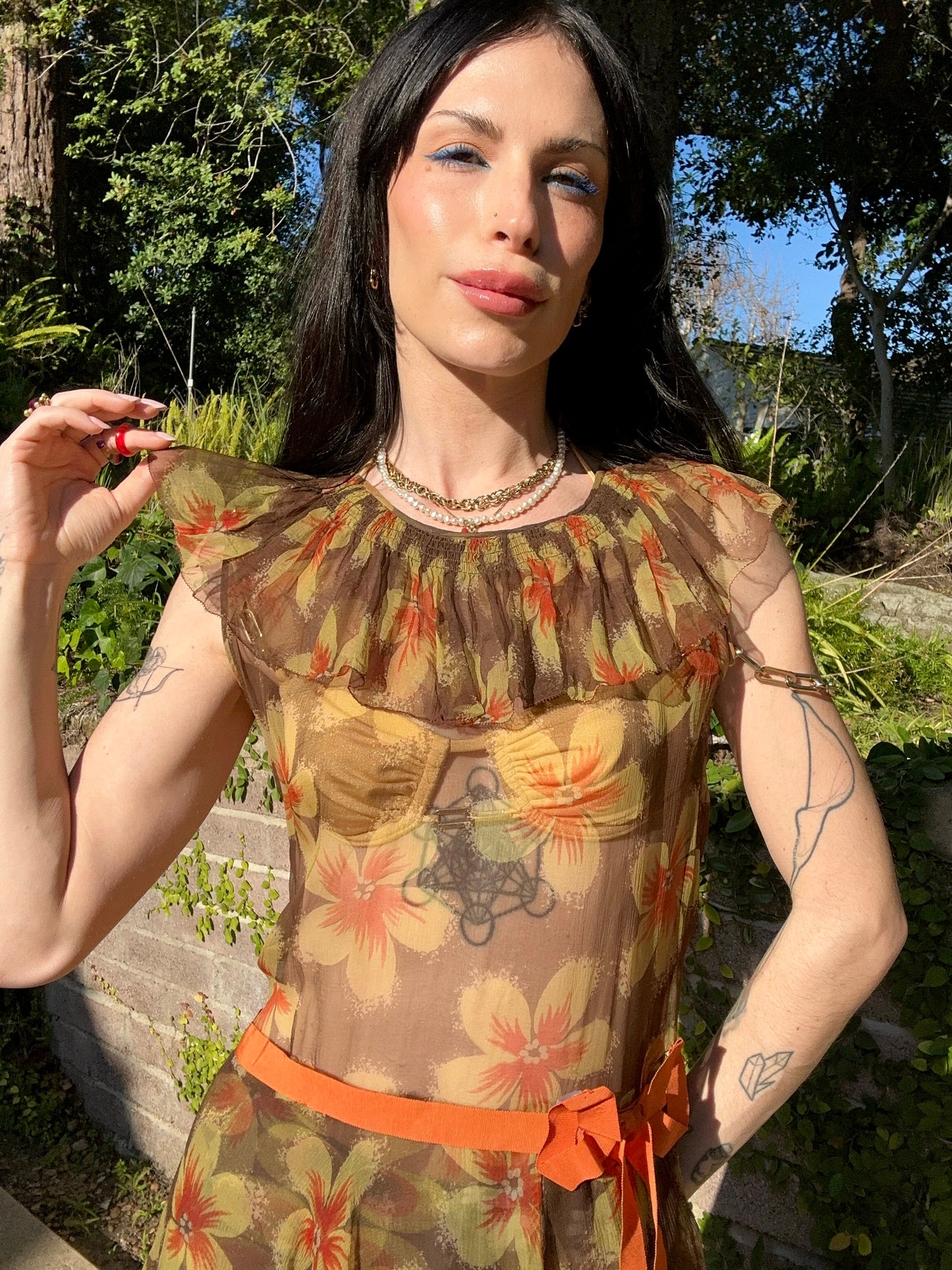 Antique 1930's Pure Silk Chiffon Floral Dress with Bows
