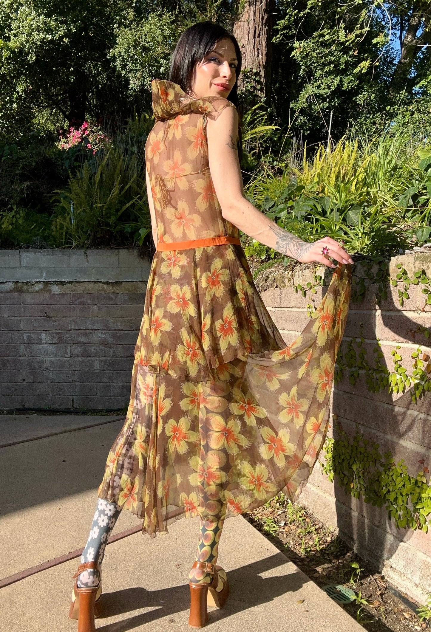 Antique 1930's Pure Silk Chiffon Floral Dress with Bows