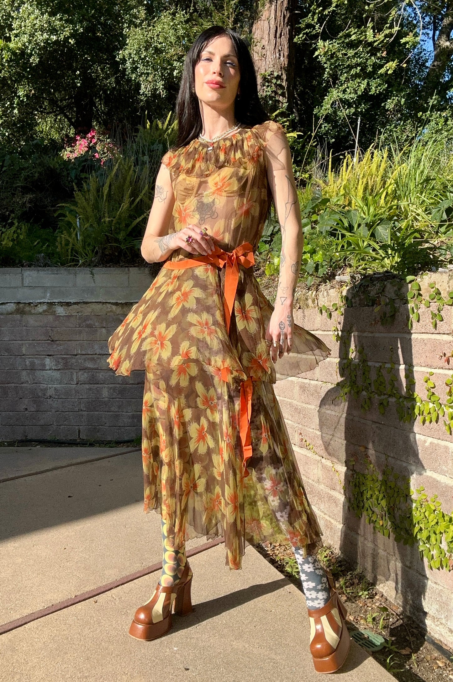 Antique 1930's Pure Silk Chiffon Floral Dress with Bows