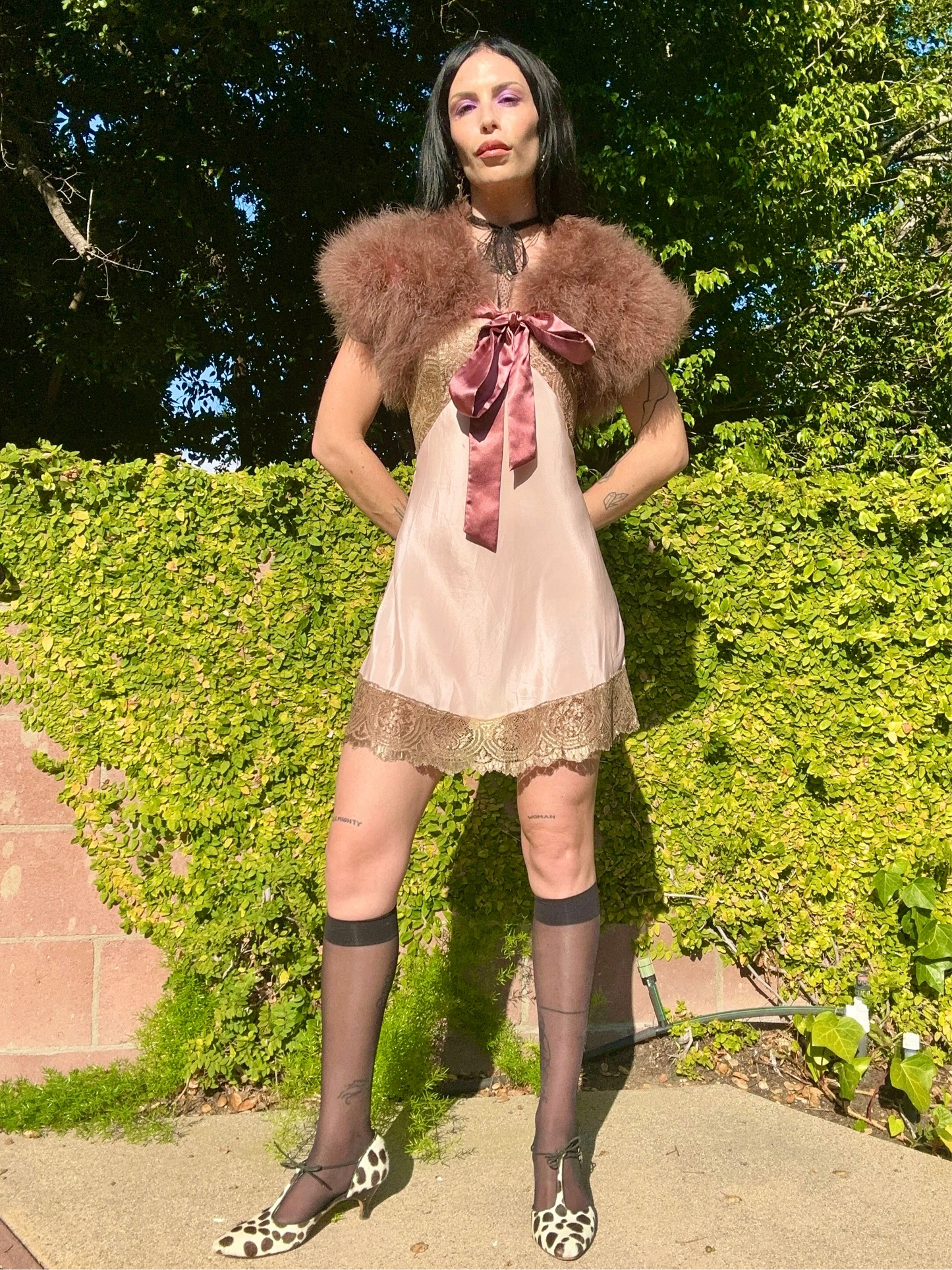 Antique 1930s Pale Pink Silk Step-In with Taupe Metallic Lace – Ties in Back