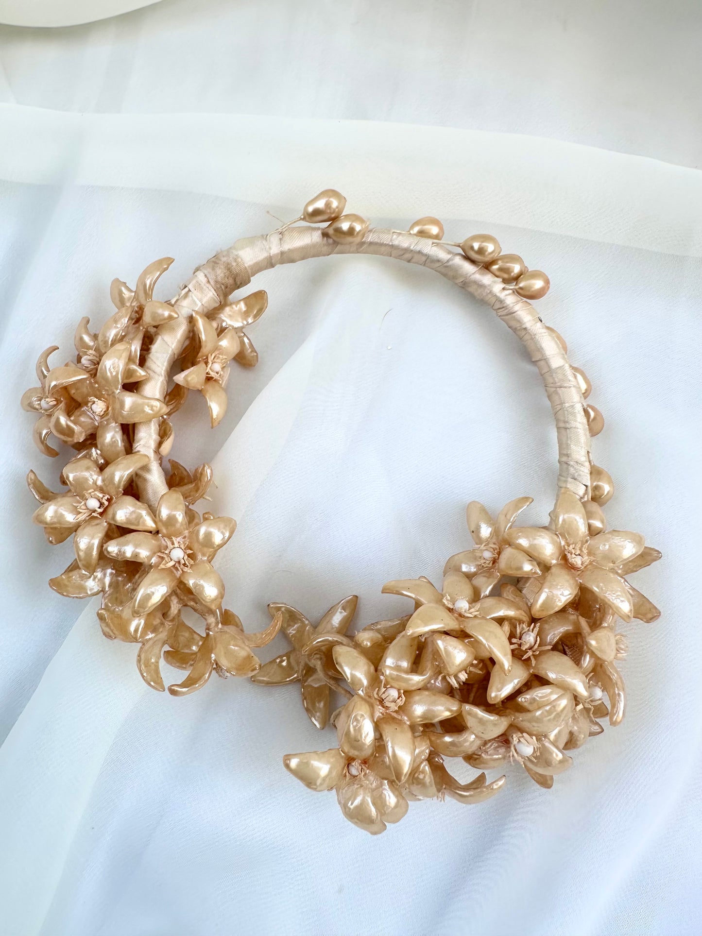 Antique Edwardian Bridal Head Piece with Pearlescent Wax Flowers and a Silk Wrapped Head Band