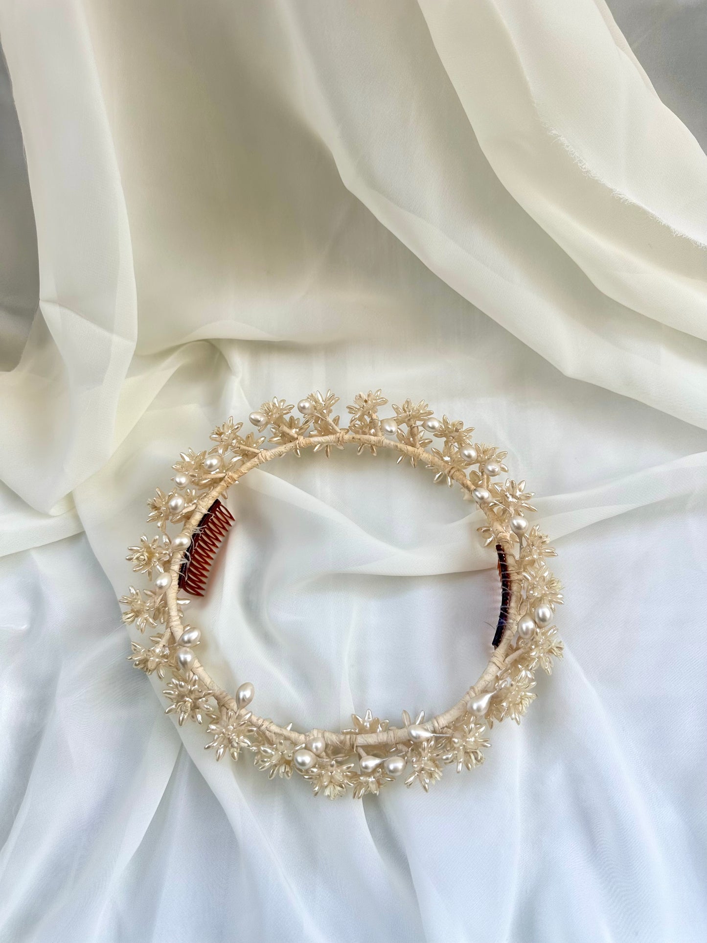 Ethereal Vintage 1950’s Pearlescent Halo Wedding Headpiece with Wax Flowers