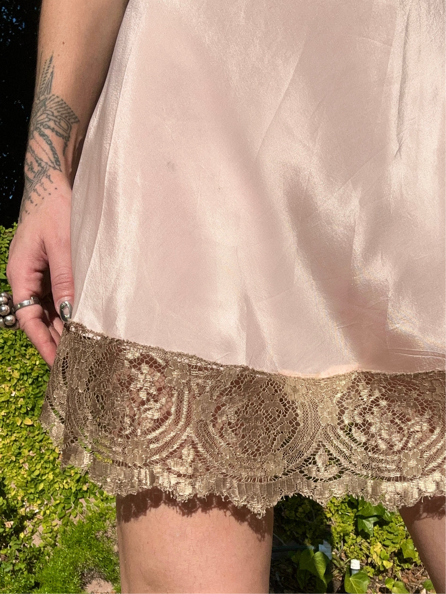Antique 1930s Pale Pink Silk Step-In with Taupe Metallic Lace – Ties in Back