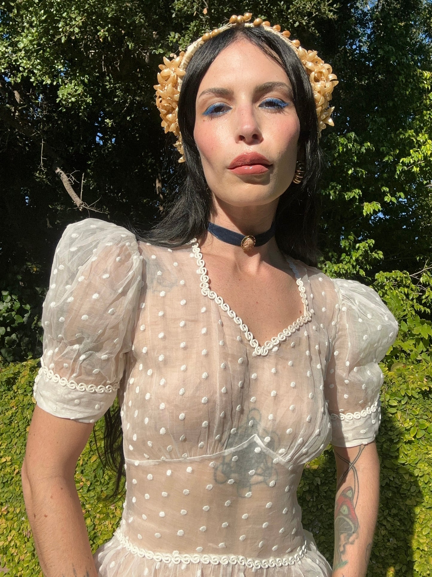 Antique Edwardian Bridal Head Piece with Pearlescent Wax Flowers and a Silk Wrapped Head Band