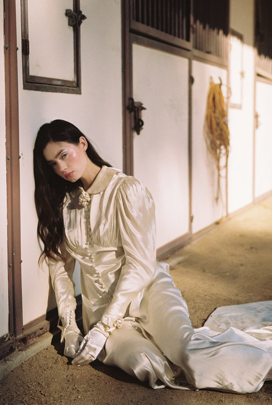 Timeless Antique 1930’s Warm Ivory Liquid Satin Silk Charmeuse Wedding Gown Dress with Dolman Long Sleeves and Cathedral Train