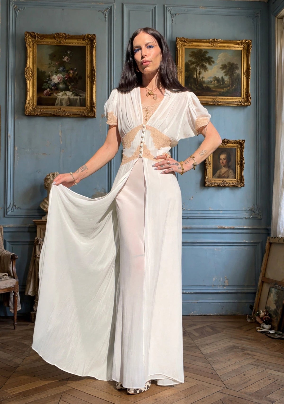 Angelic Bridal Vintage 1940’s Chiffon Dressing Gown and Slip Dress 2-Piece Set in Egg Shell White Adorned with Alencon Lace Details in a Cream Hue