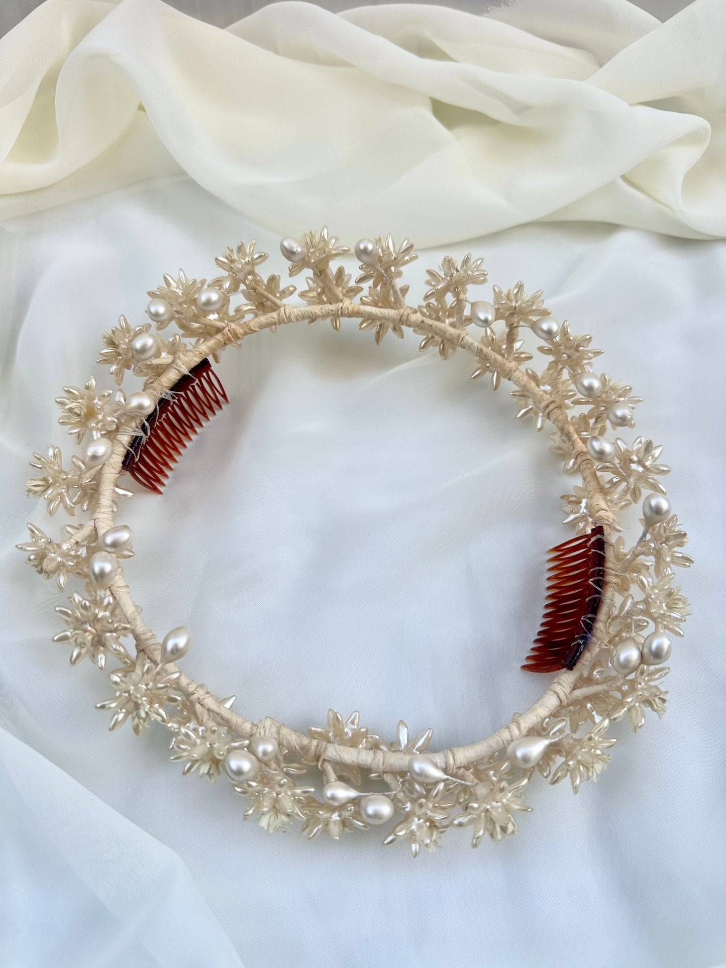 Ethereal Vintage 1950’s Pearlescent Halo Wedding Headpiece with Wax Flowers