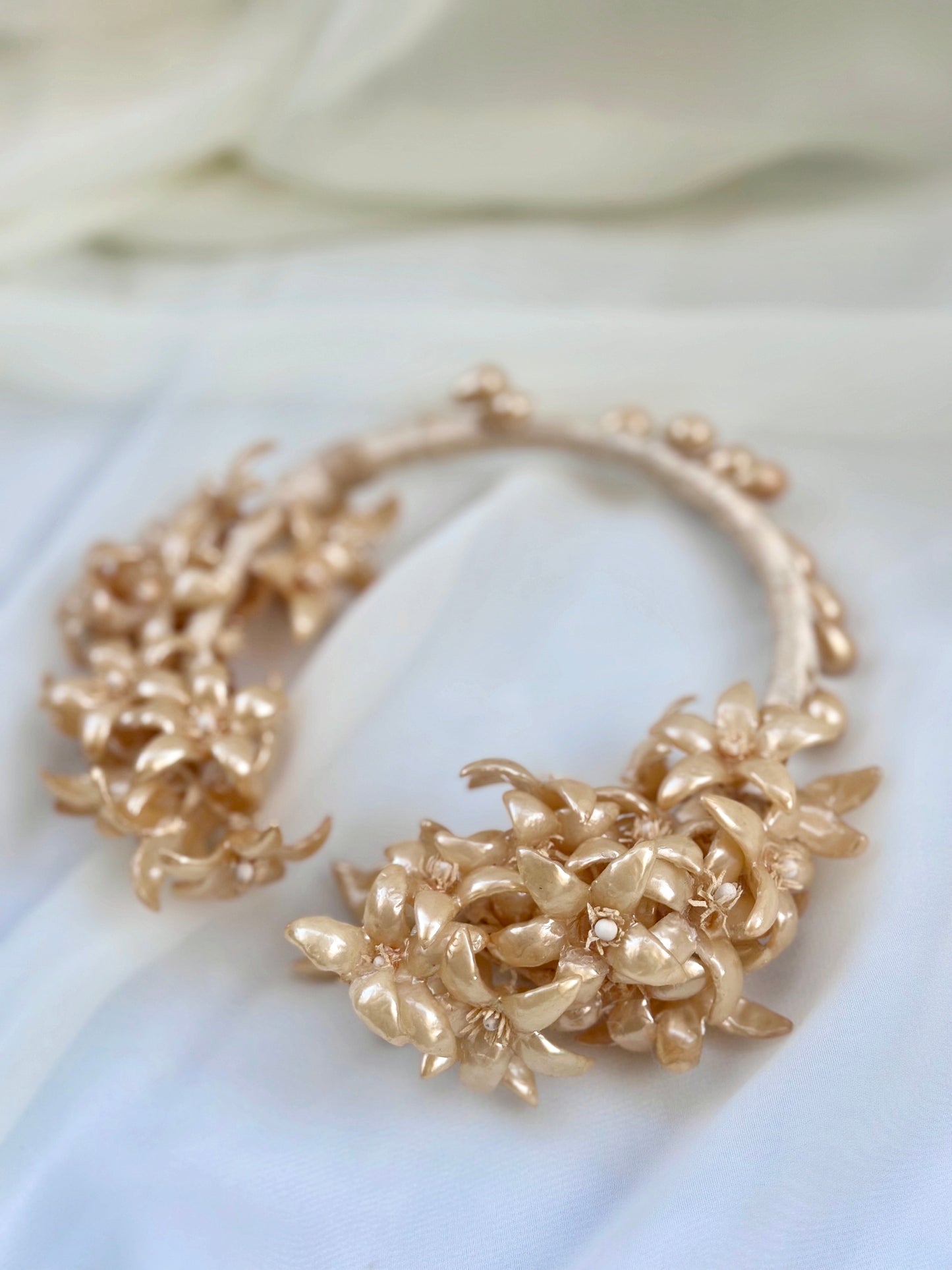 Antique Edwardian Bridal Head Piece with Pearlescent Wax Flowers and a Silk Wrapped Head Band