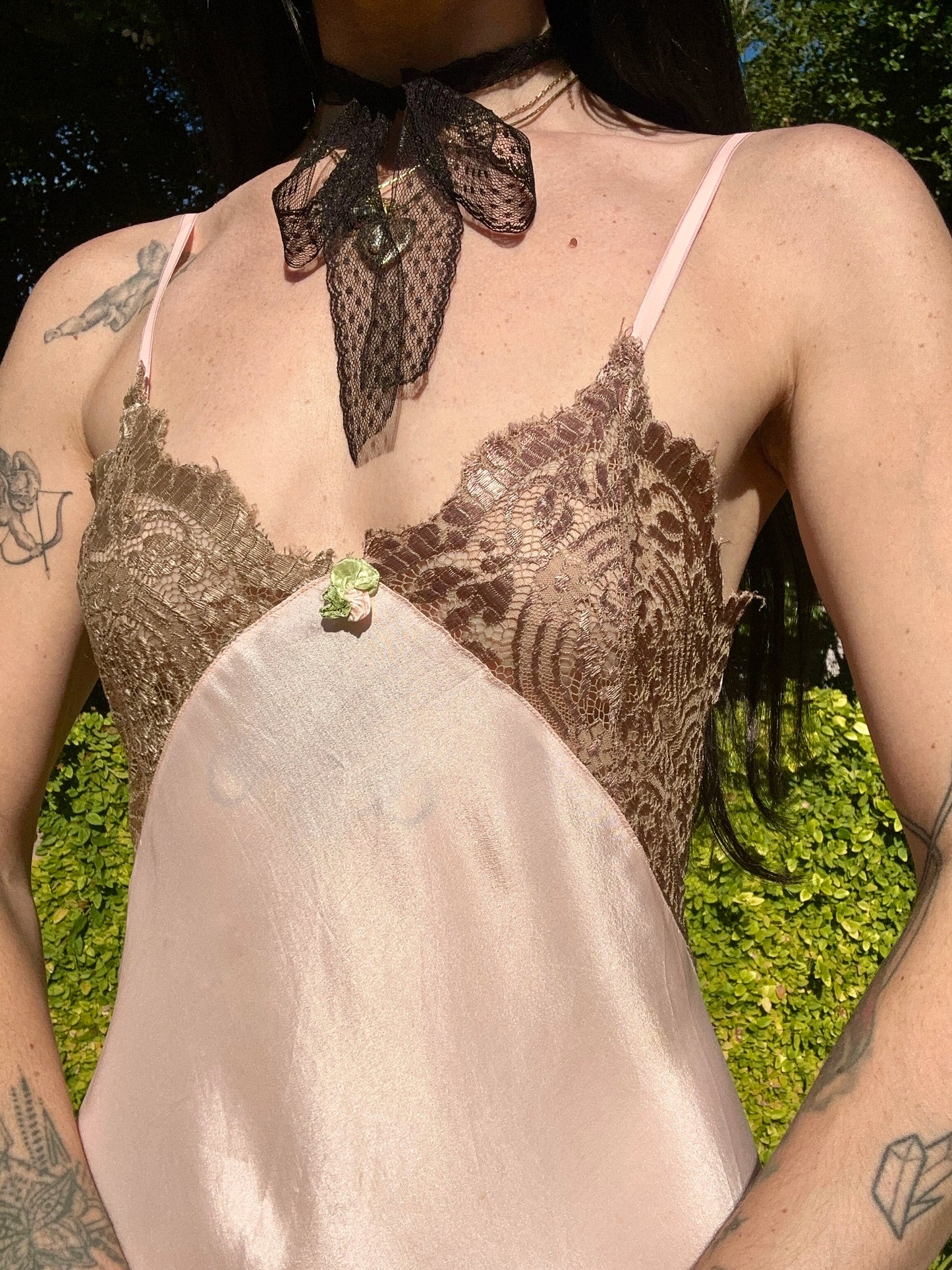 Antique 1930s Pale Pink Silk Step-In with Taupe Metallic Lace – Ties in Back
