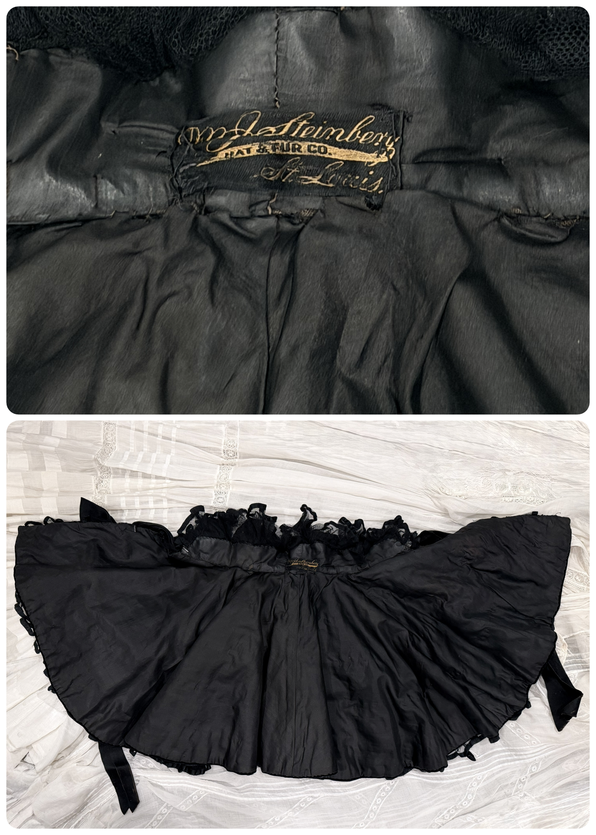Museum Quality: Astonishing, Antique Victorian 1890’s, Silk Velvet Jet Black Mourning Cape with Tiers of Silk Mesh Ruffles and Hand-Beading All Over - Historical Piece