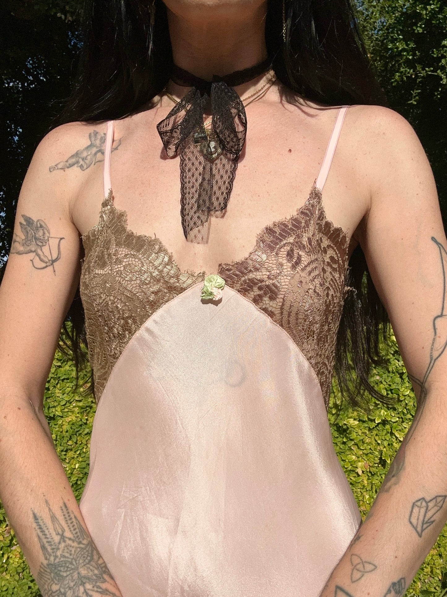 Antique 1930s Pale Pink Silk Step-In with Taupe Metallic Lace – Ties in Back