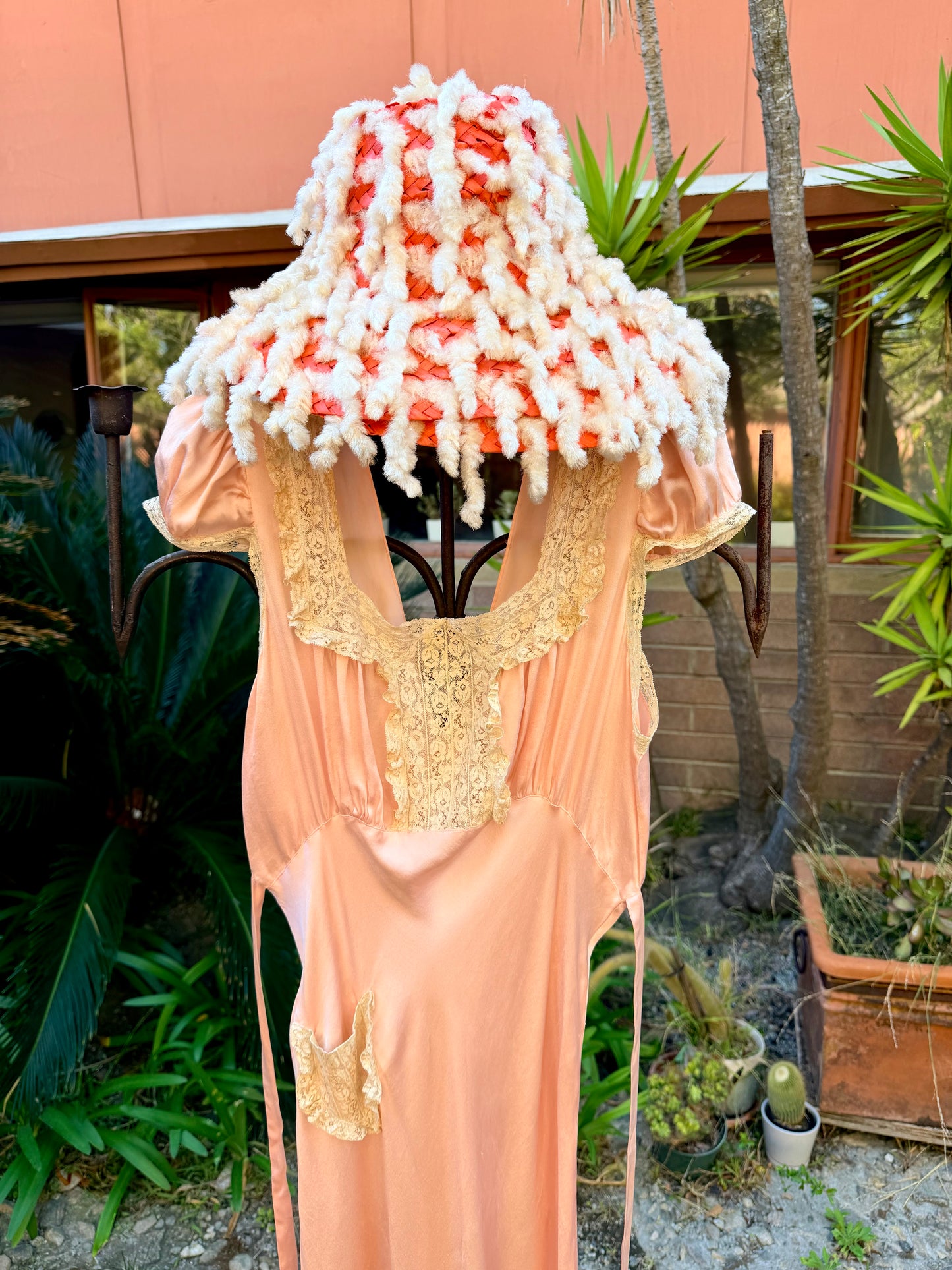 Stunning Antique 1930’s Cherry Blossom Pink Bias Cut Silk Slip Dress with Unique Lace Detail