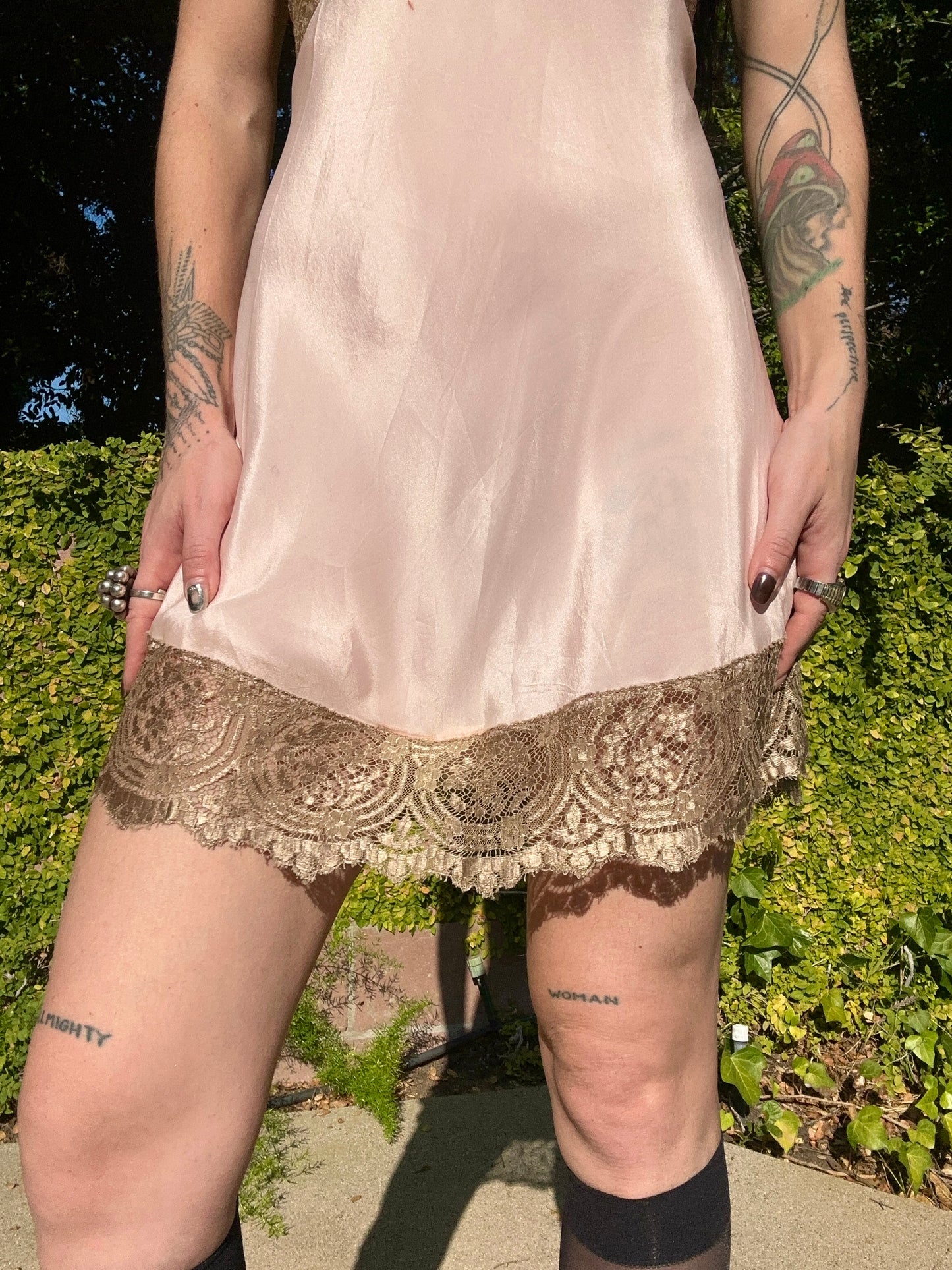 Antique 1930s Pale Pink Silk Step-In with Taupe Metallic Lace – Ties in Back