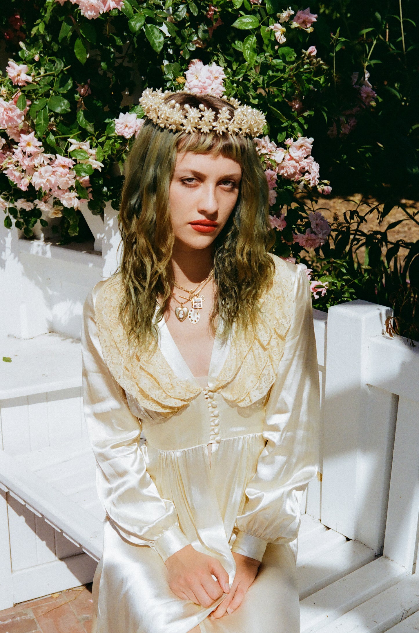Ethereal Vintage 1950’s Pearlescent Halo Wedding Headpiece with Wax Flowers
