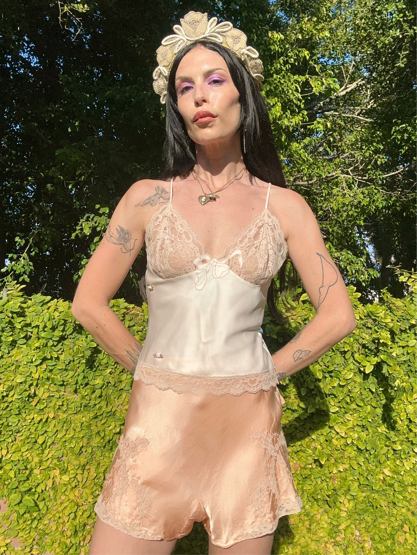 Antique 1930s Peach Silk Tap Pants with Lace Appliqué & Side Button Detail