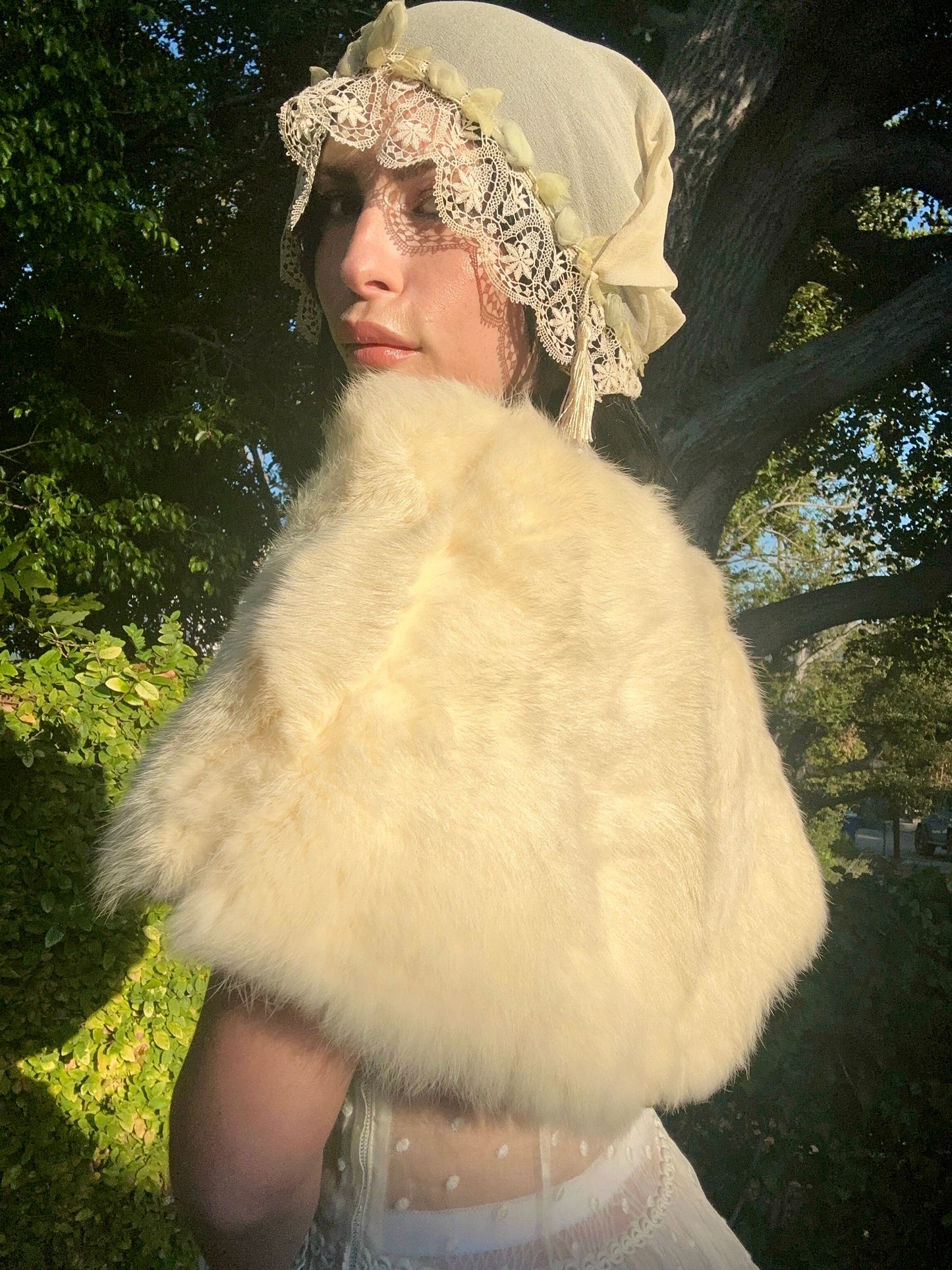 Vintage Cream Angora Rabbit Fur Stole Shawl Wedding Evening Cape c. 1950’s/60’s