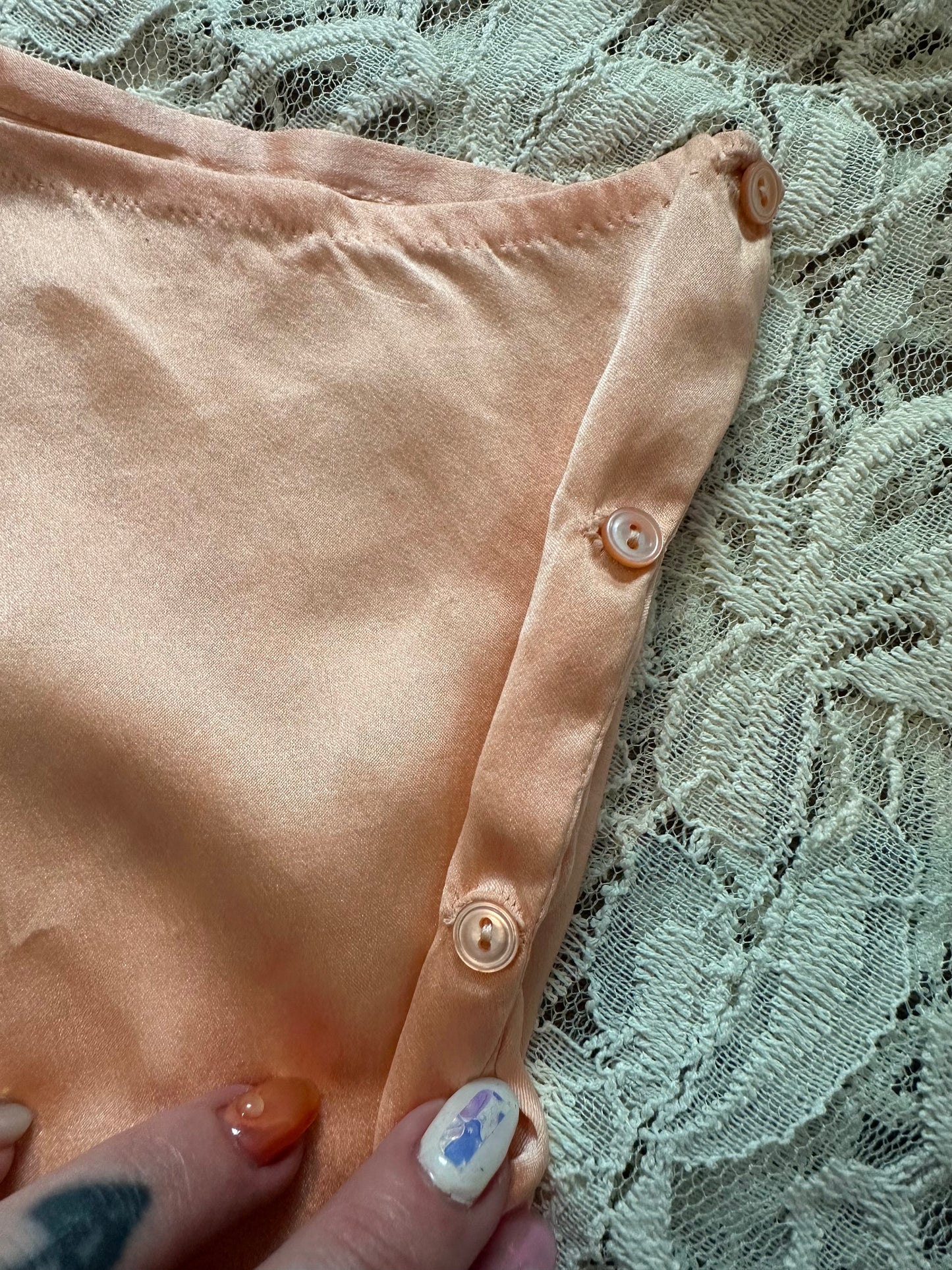 Antique 1930s Peach Silk Tap Pants with Lace Appliqué & Side Button Detail