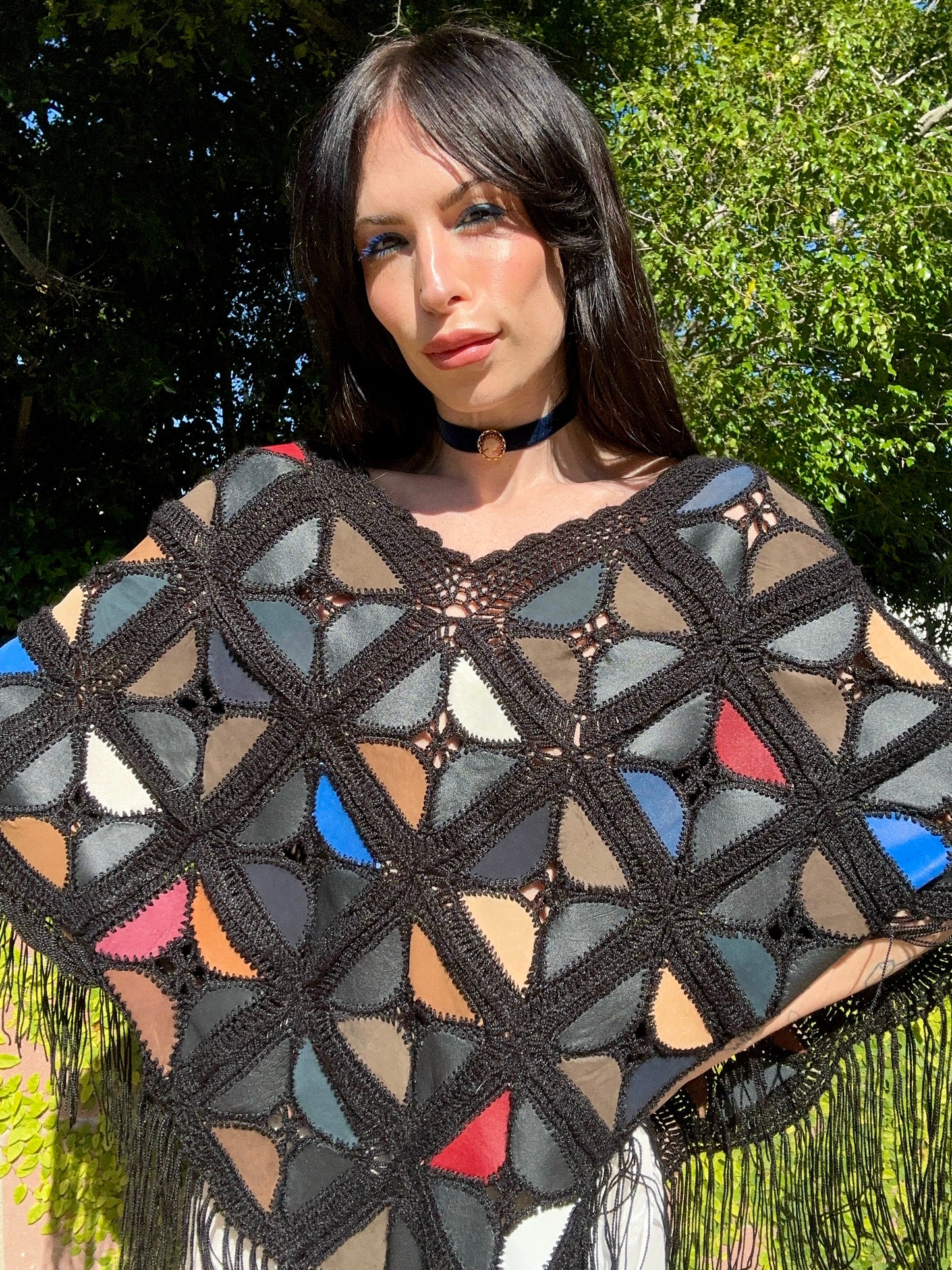 Rare Vintage 1970's Multicolor Suede Triangle Patchwork Crochet Pullover Cape with Fringe
