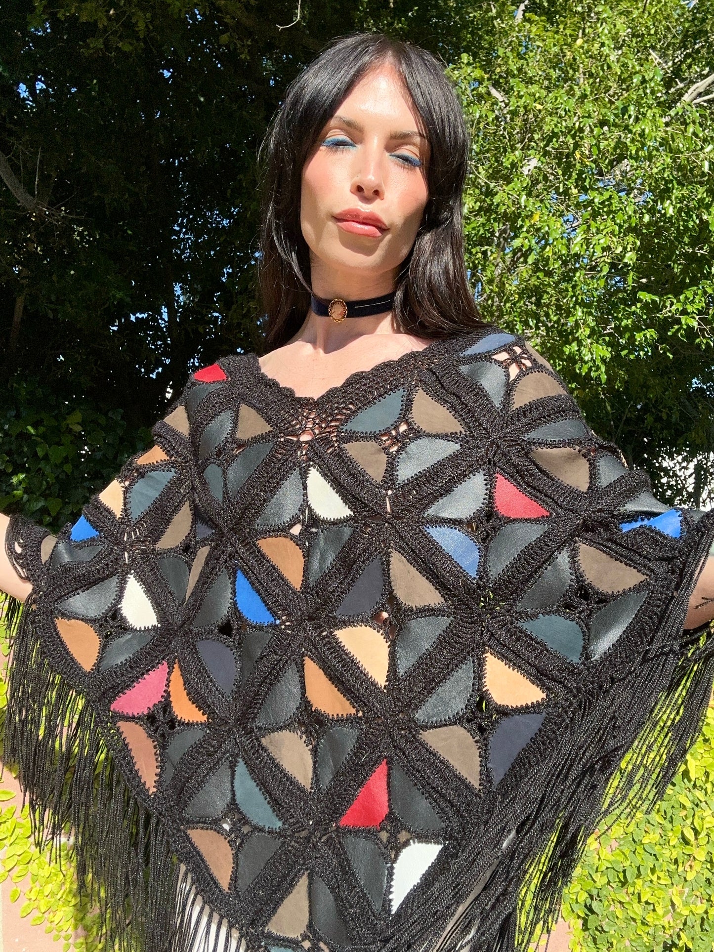 Rare Vintage 1970's Multicolor Suede Triangle Patchwork Crochet Pullover Cape with Fringe