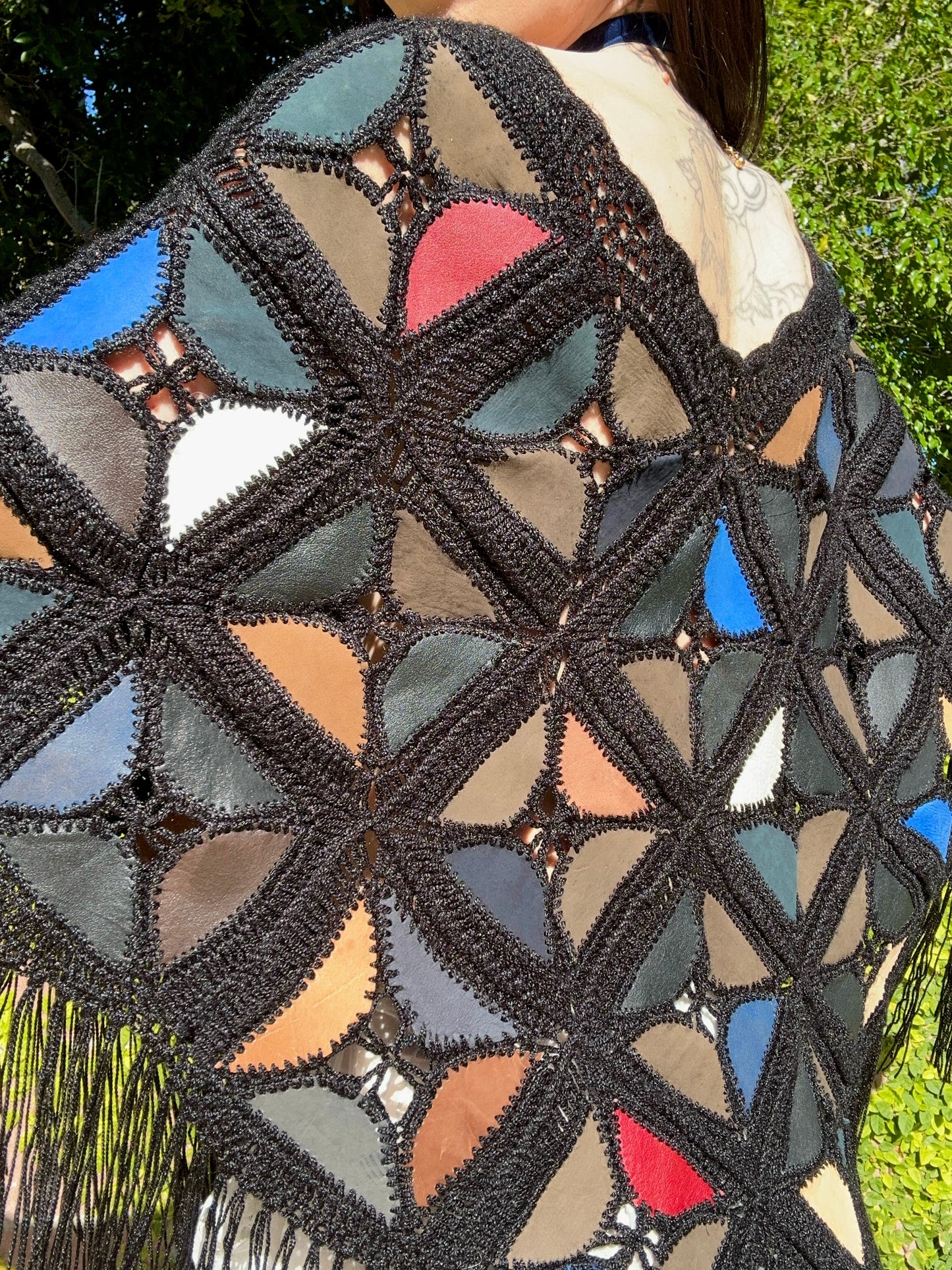 Rare Vintage 1970's Multicolor Suede Triangle Patchwork Crochet Pullover Cape with Fringe
