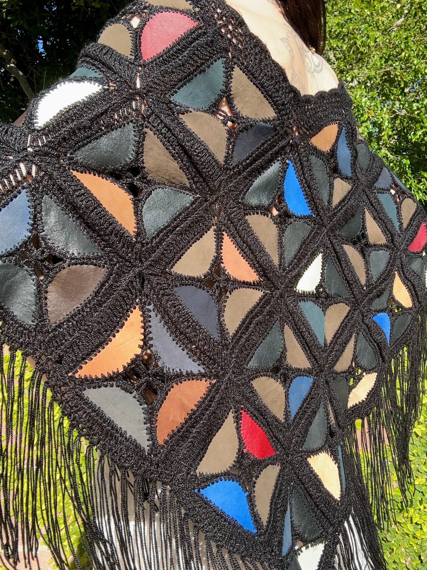 Rare Vintage 1970's Multicolor Suede Triangle Patchwork Crochet Pullover Cape with Fringe