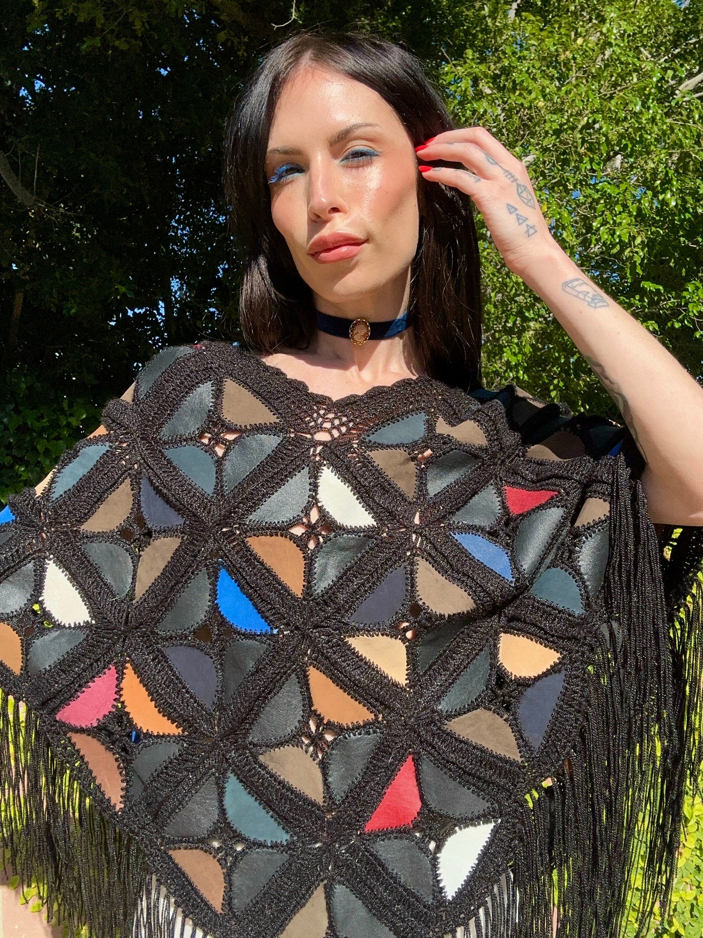 Rare Vintage 1970's Multicolor Suede Triangle Patchwork Crochet Pullover Cape with Fringe