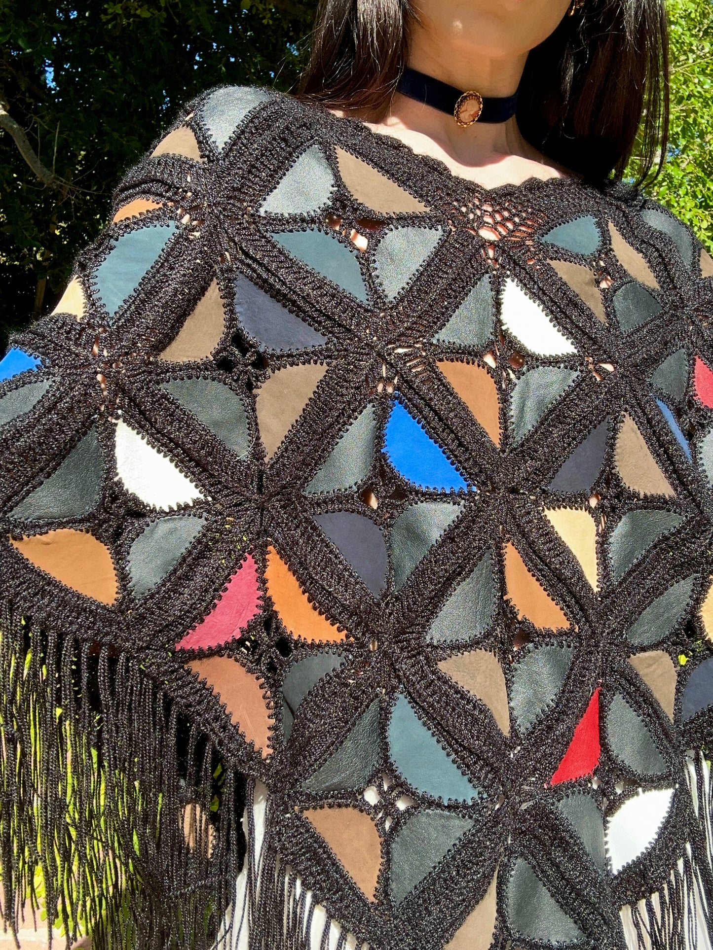 Rare Vintage 1970's Multicolor Suede Triangle Patchwork Crochet Pullover Cape with Fringe