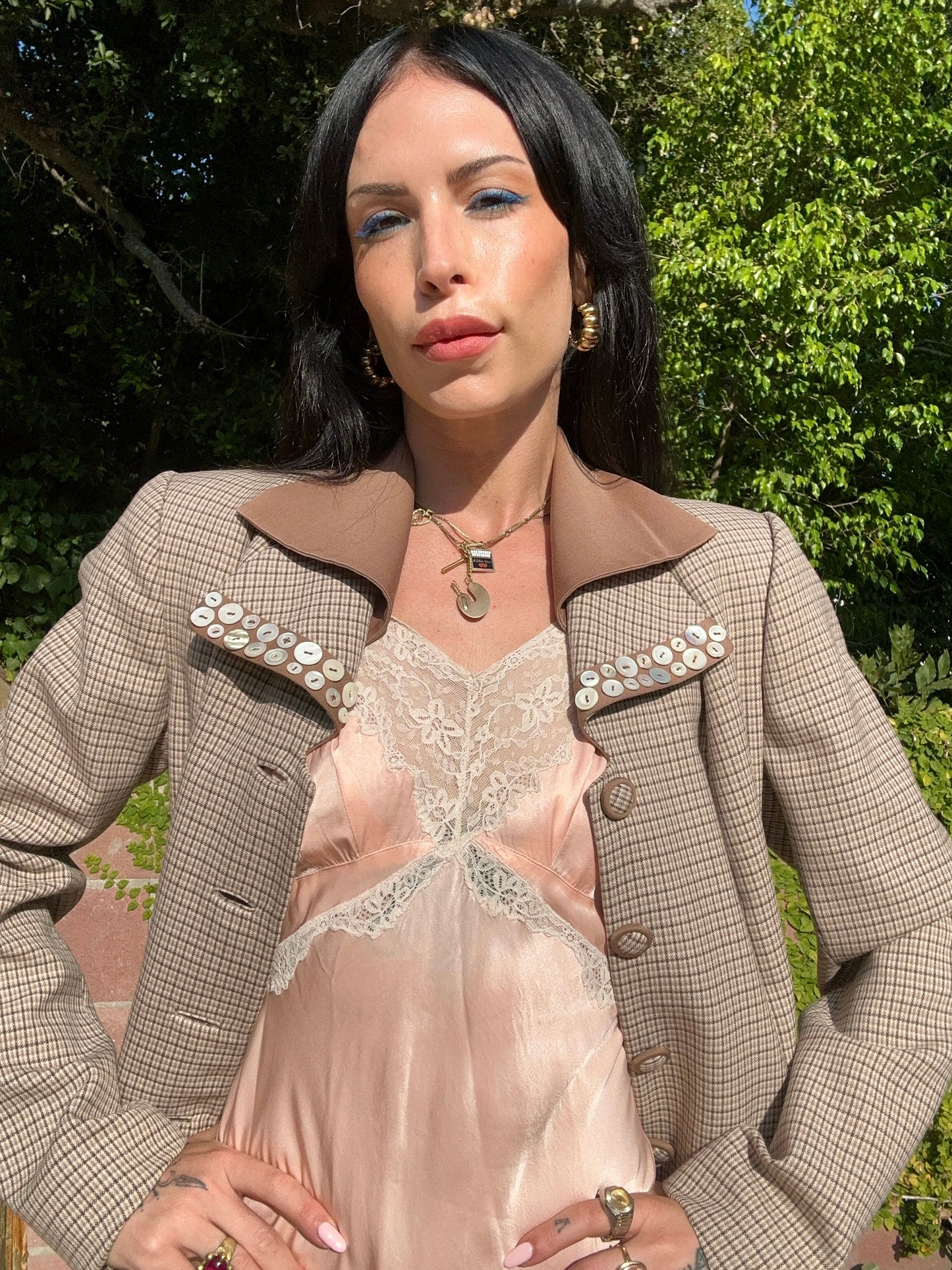 Chic Vintage 1970's Tweed Wool Blazer Reworked with Mother of Pearl Buttons