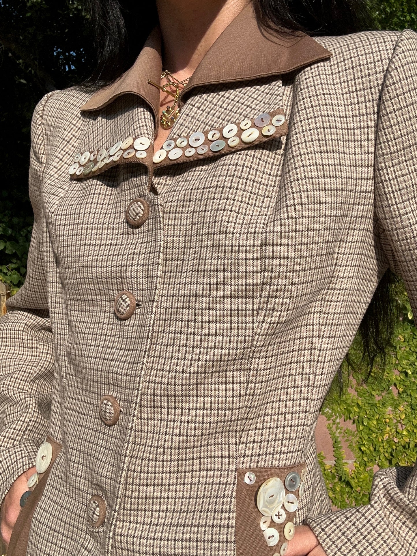 Chic Vintage 1970's Tweed Wool Blazer Reworked with Mother of Pearl Buttons