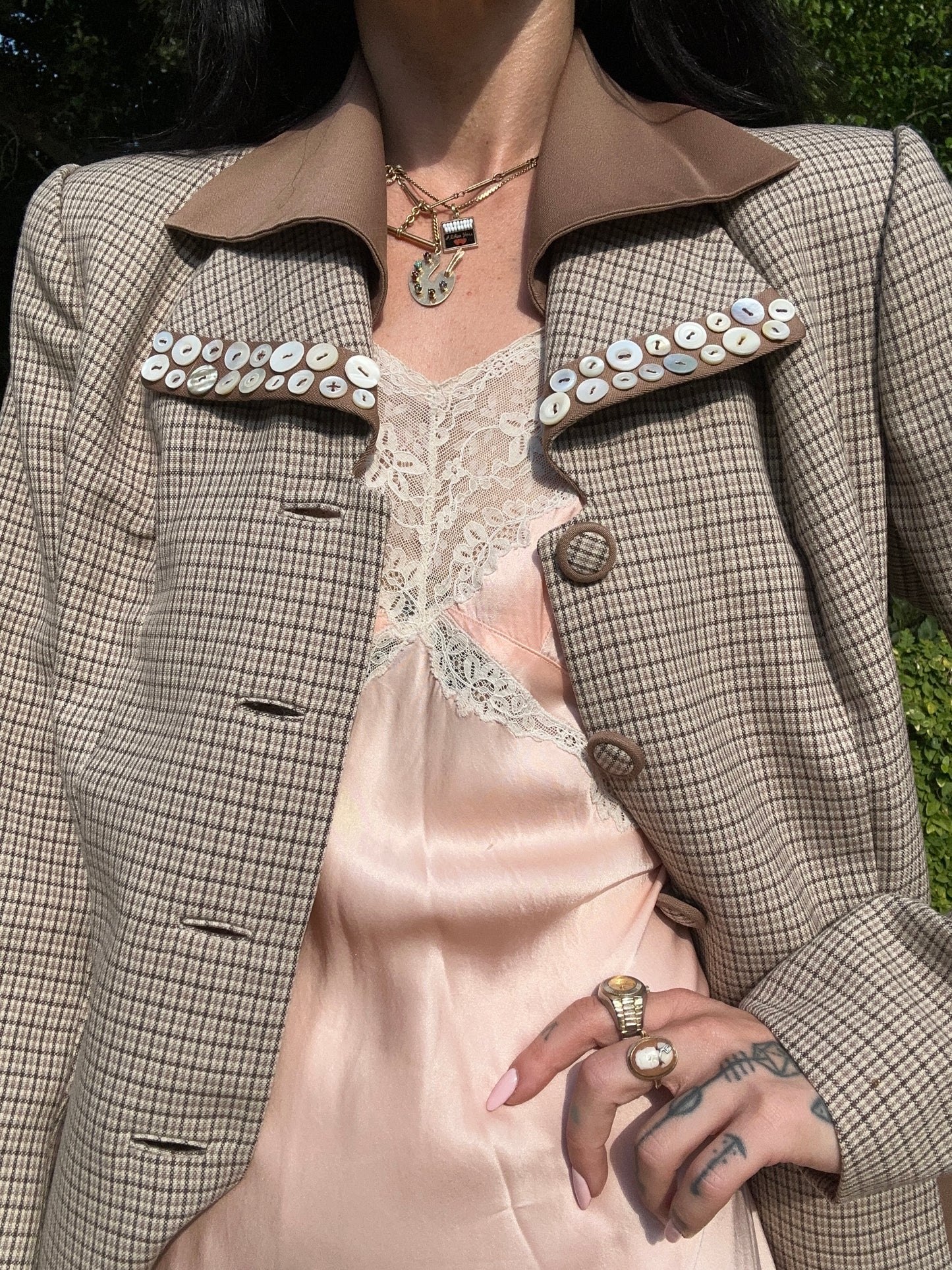 Chic Vintage 1970's Tweed Wool Blazer Reworked with Mother of Pearl Buttons