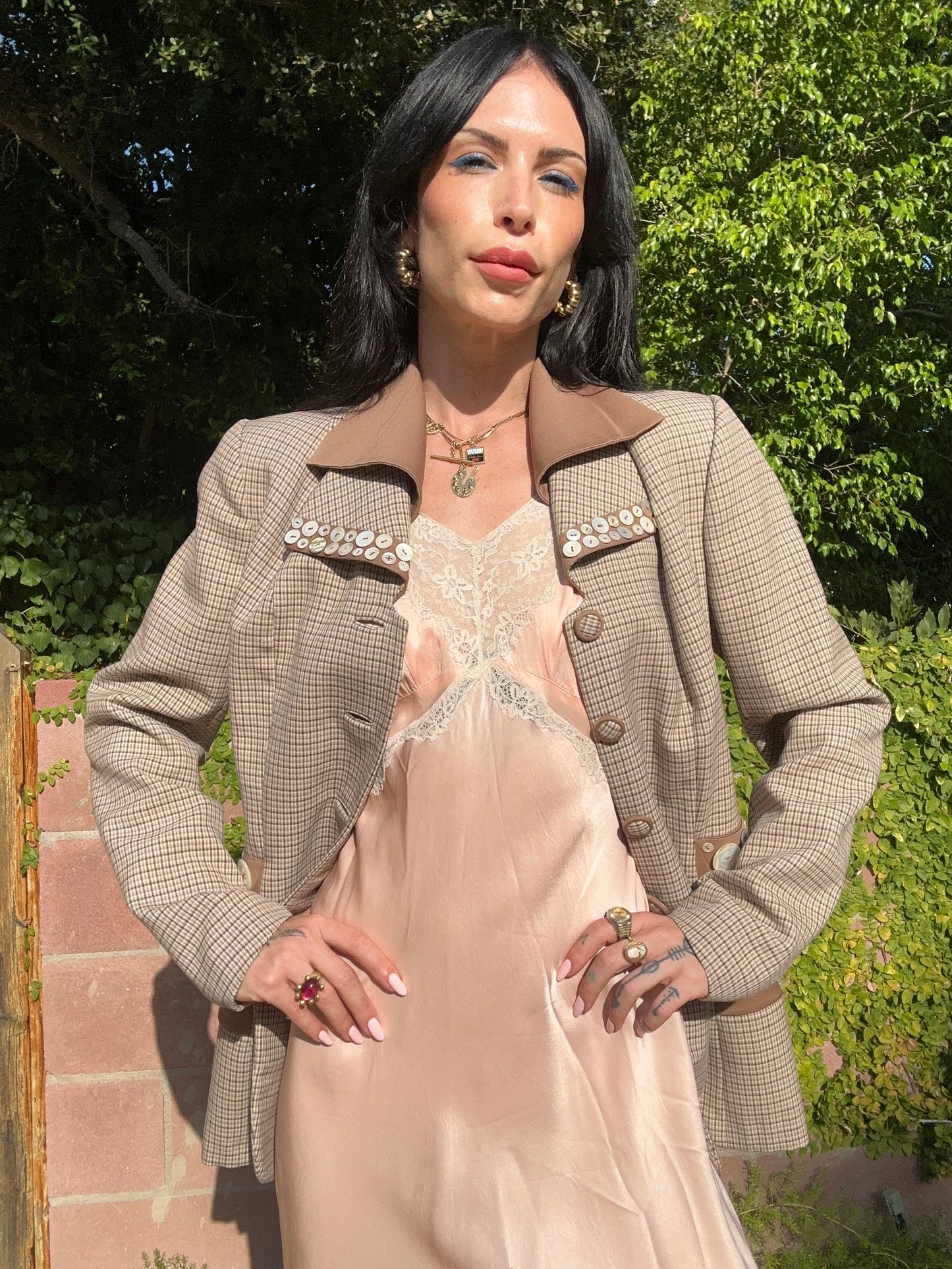 Chic Vintage 1970's Tweed Wool Blazer Reworked with Mother of Pearl Buttons