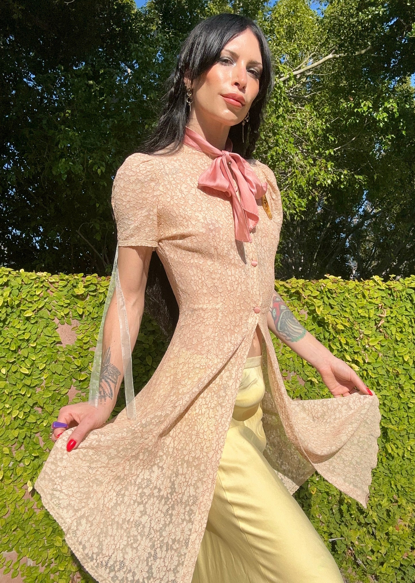 Antique 1930's Lace Dressing Gown with a Vintage Lucite Giraffe Pin