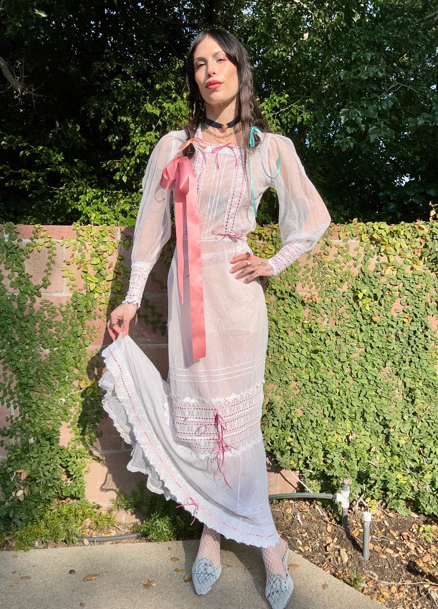 Rare Antique Edwardian 1910's Silk Net Wedding Dress with Lace and Pink Ribbon