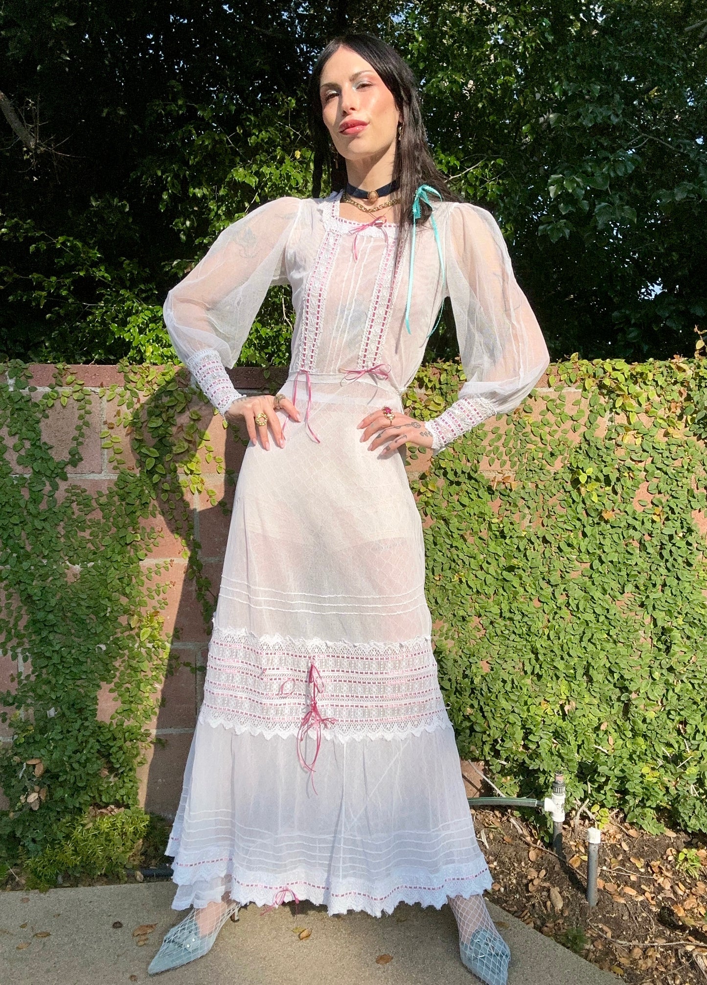Rare Antique Edwardian 1910's Silk Net Wedding Dress with Lace and Pink Ribbon