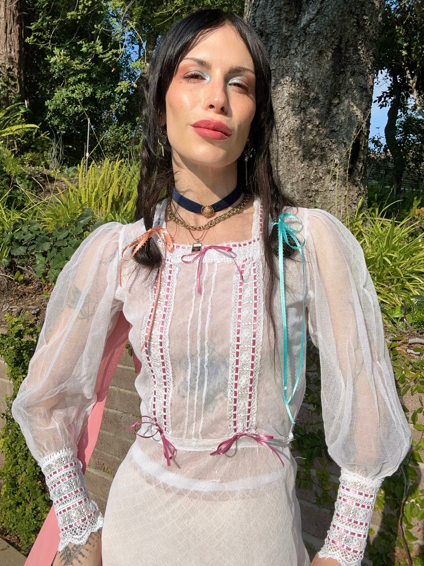 Rare Antique Edwardian 1910's Silk Net Wedding Dress with Lace and Pink Ribbon