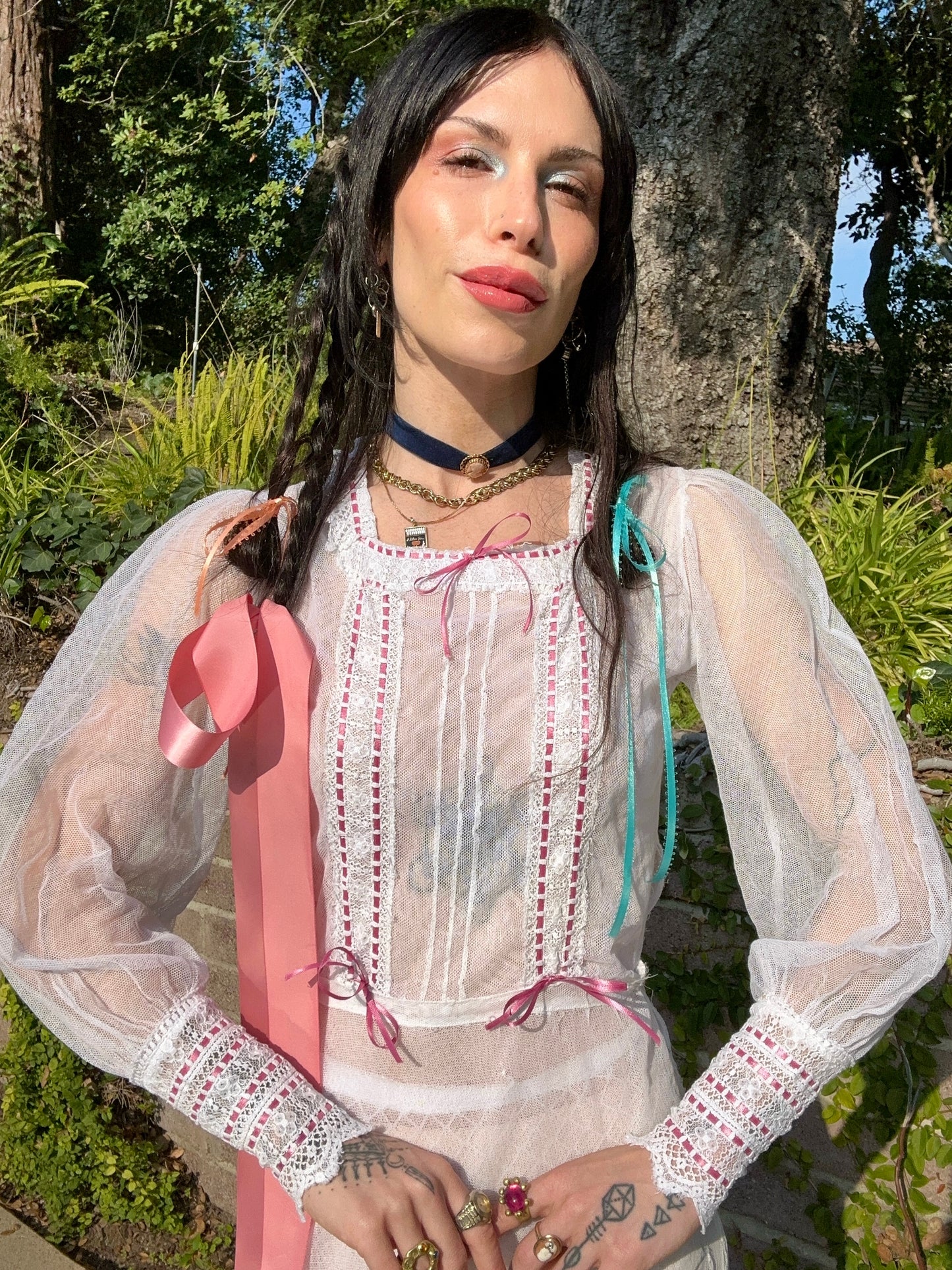 Rare Antique Edwardian 1910's Silk Net Wedding Dress with Lace and Pink Ribbon