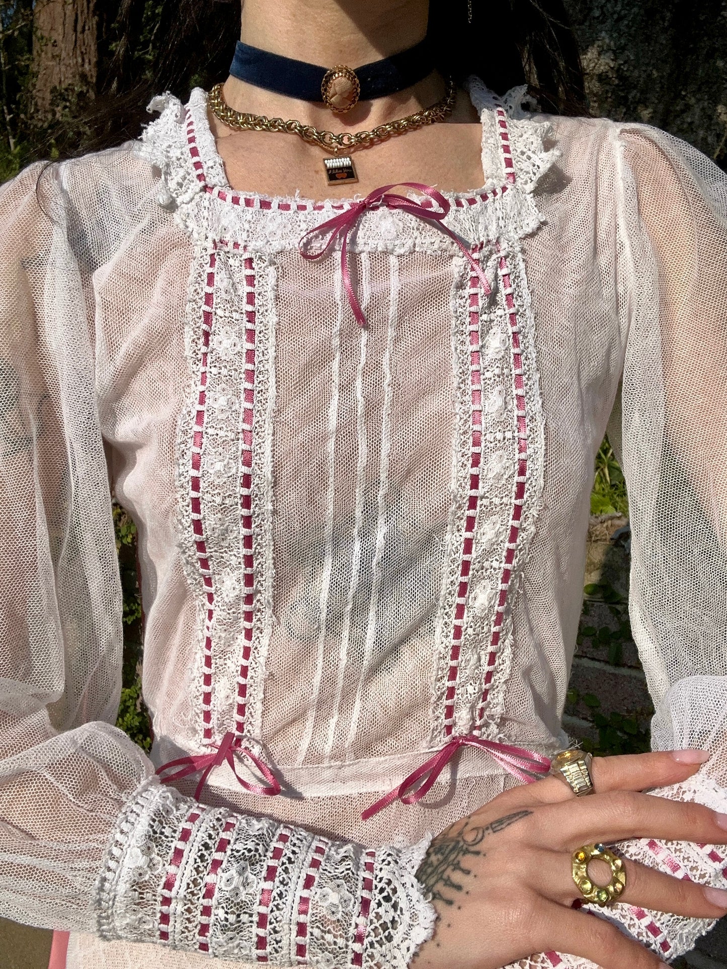 Rare Antique Edwardian 1910's Silk Net Wedding Dress with Lace and Pink Ribbon