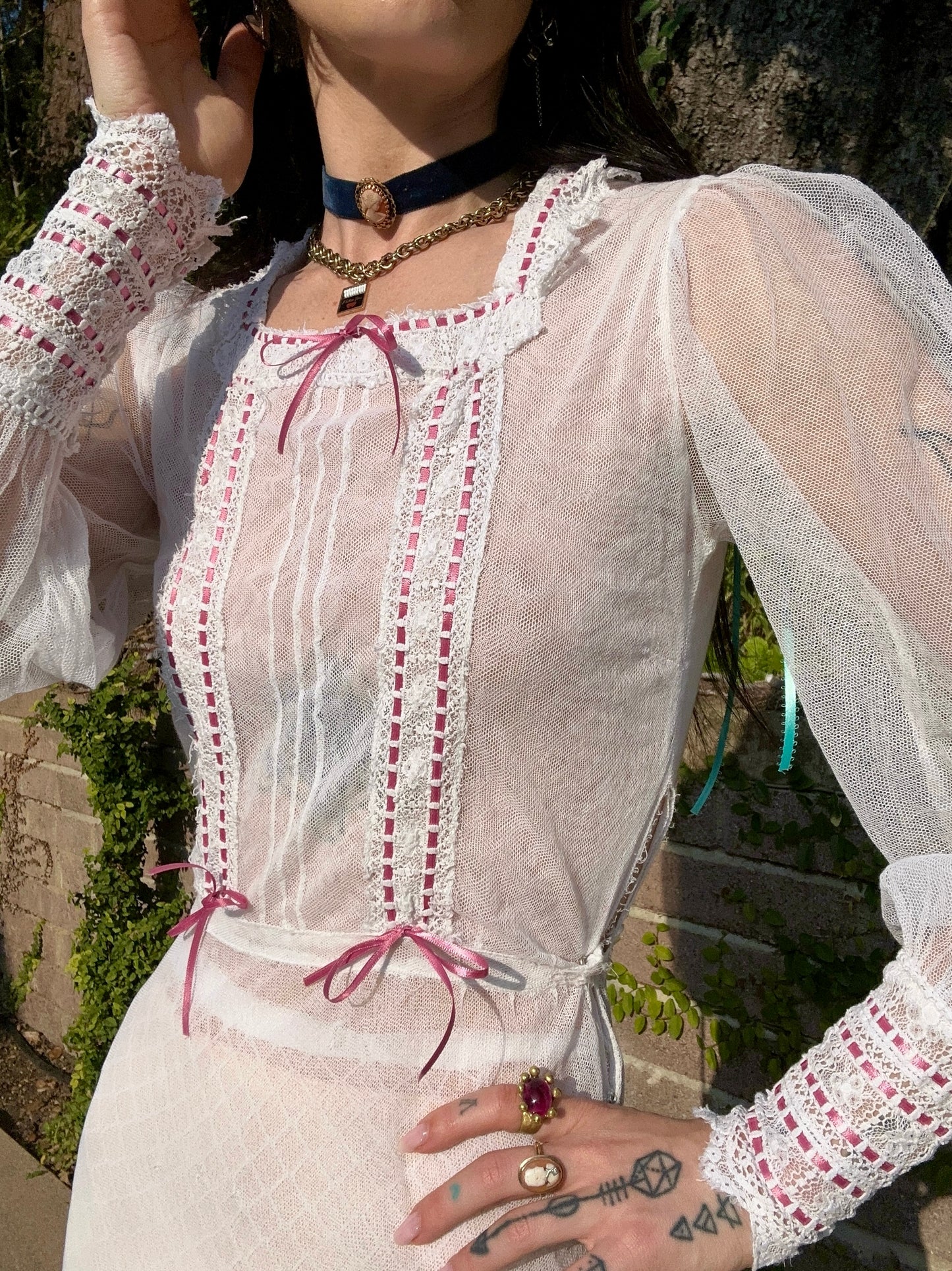 Rare Antique Edwardian 1910's Silk Net Wedding Dress with Lace and Pink Ribbon
