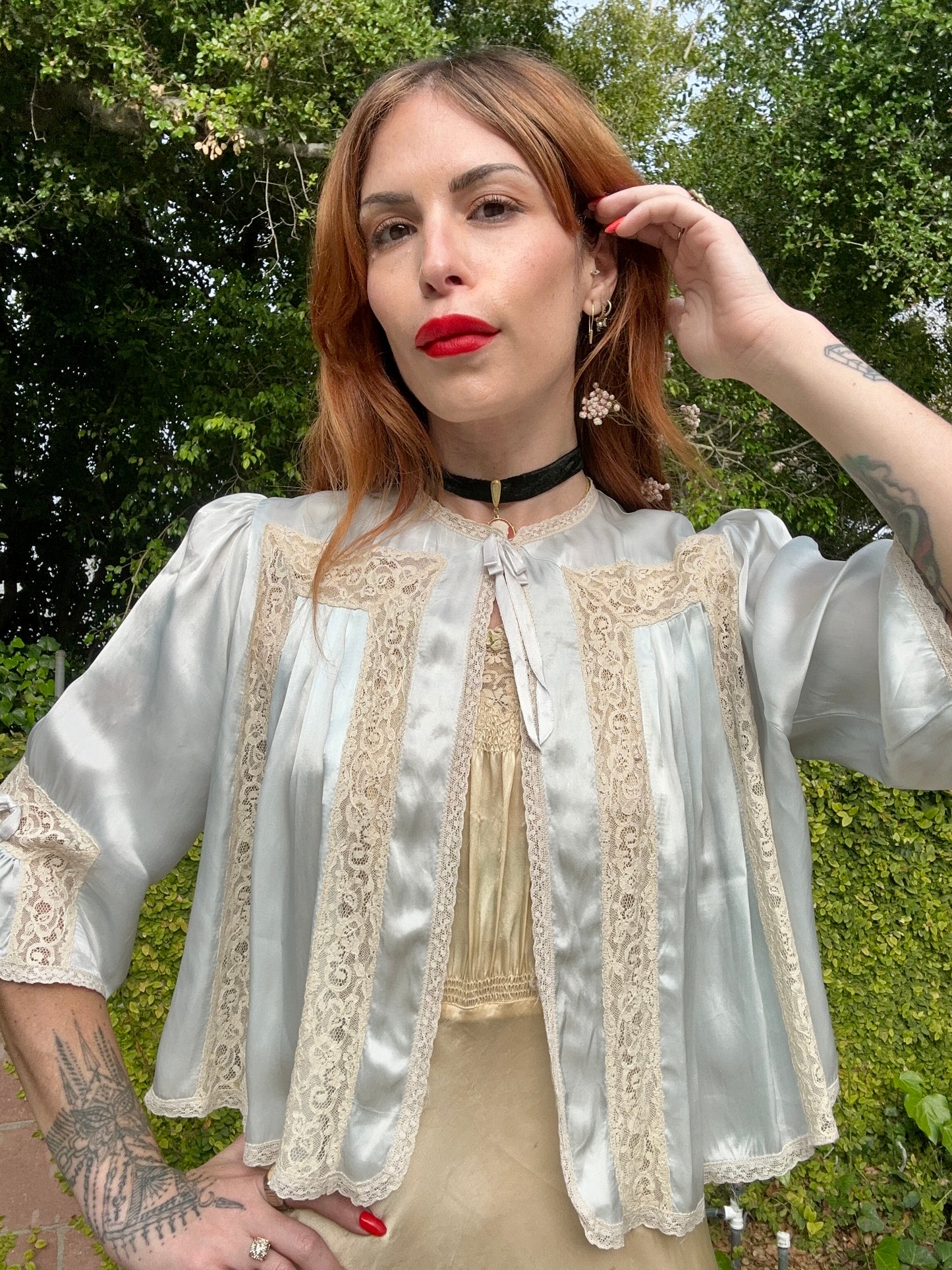 Rare Vintage 1930s/1940's Nighttime Bed Jacket in Ice Blue Silk Satin