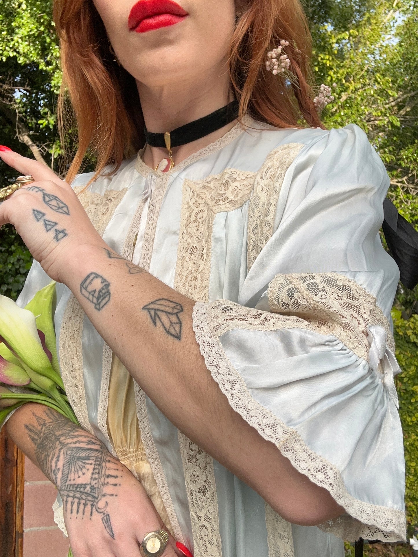Rare Vintage 1930s/1940's Nighttime Bed Jacket in Ice Blue Silk Satin