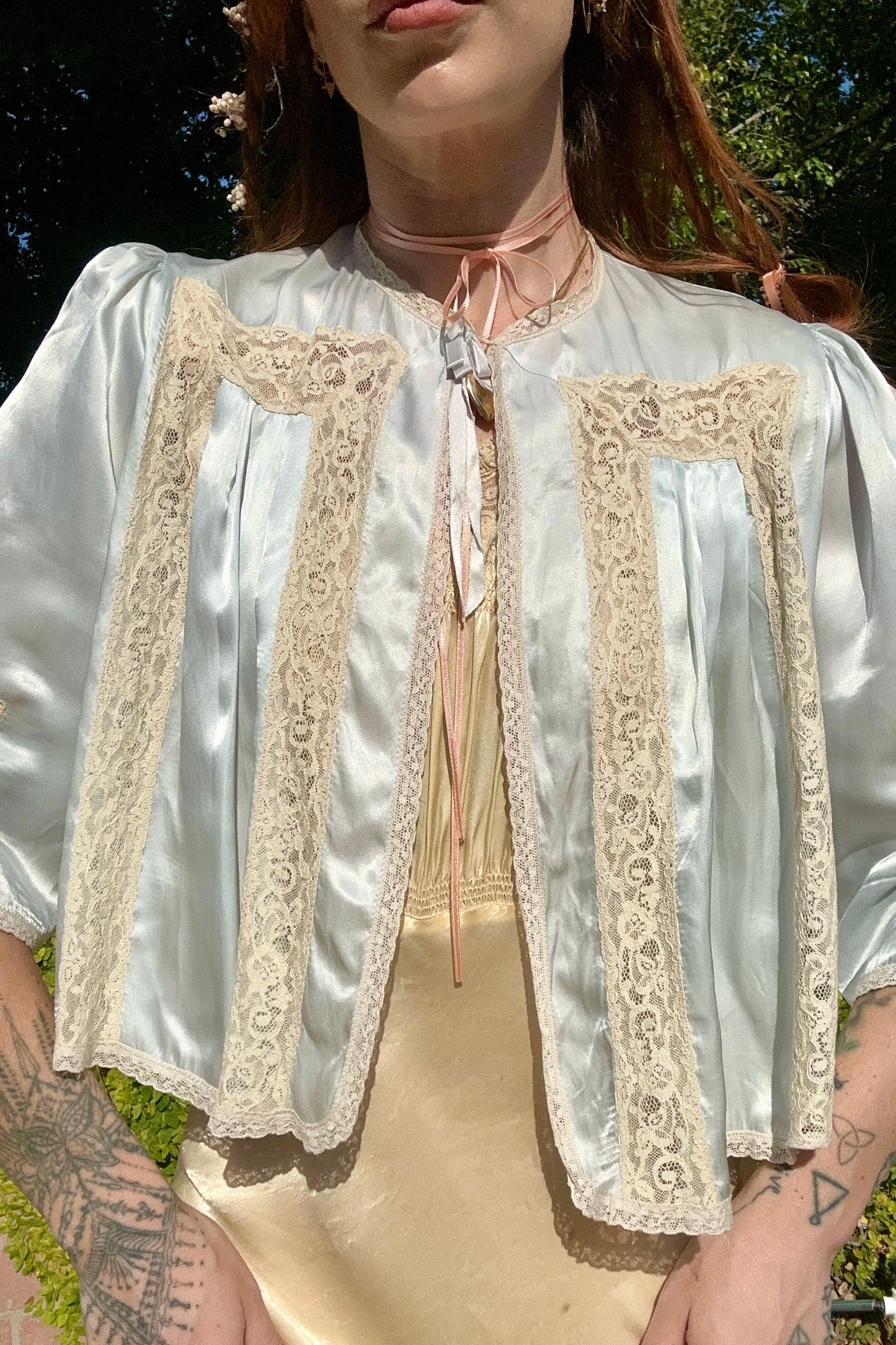 Rare Vintage 1930s/1940's Nighttime Bed Jacket in Ice Blue Silk Satin