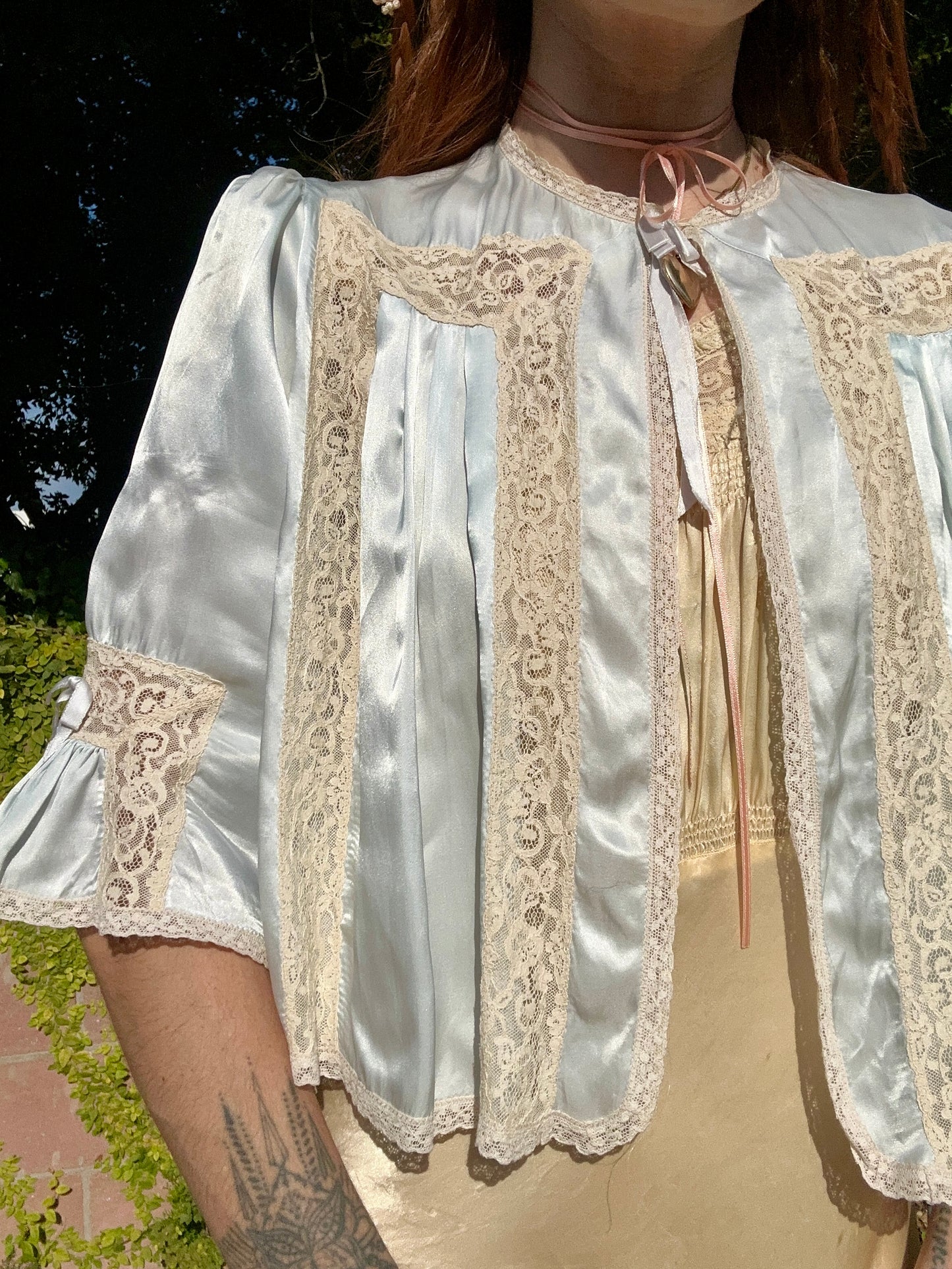 Rare Vintage 1930s/1940's Nighttime Bed Jacket in Ice Blue Silk Satin