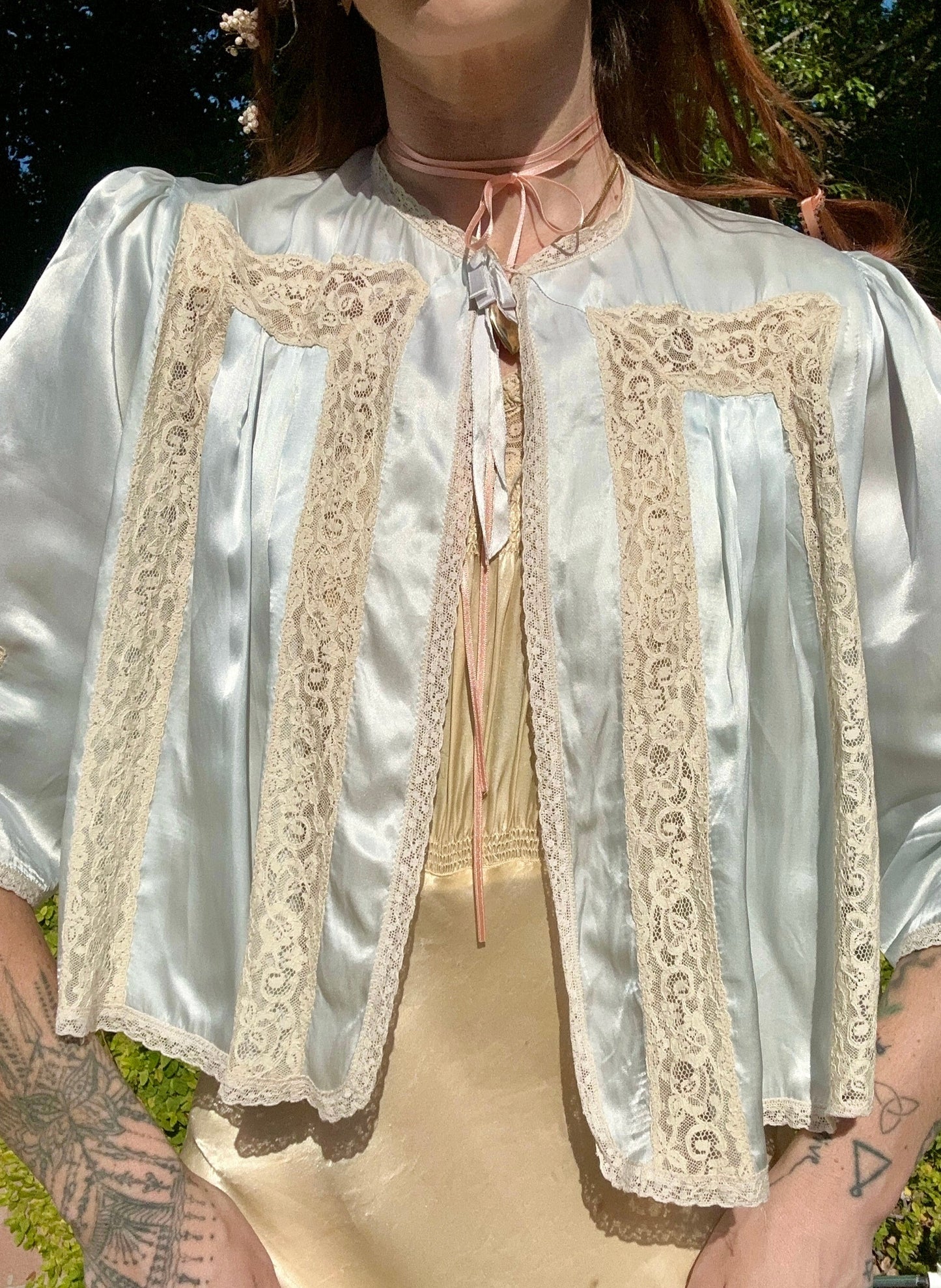 Rare Vintage 1930s/1940's Nighttime Bed Jacket in Ice Blue Silk Satin