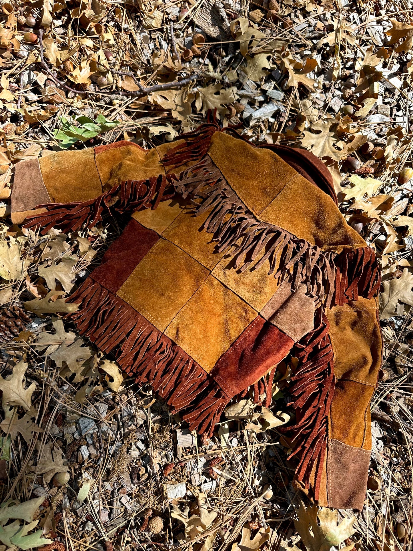 Rare 1960's / 1970's Brown Suede Leather Patchwork and Fringe Jacket - 1T / 2T