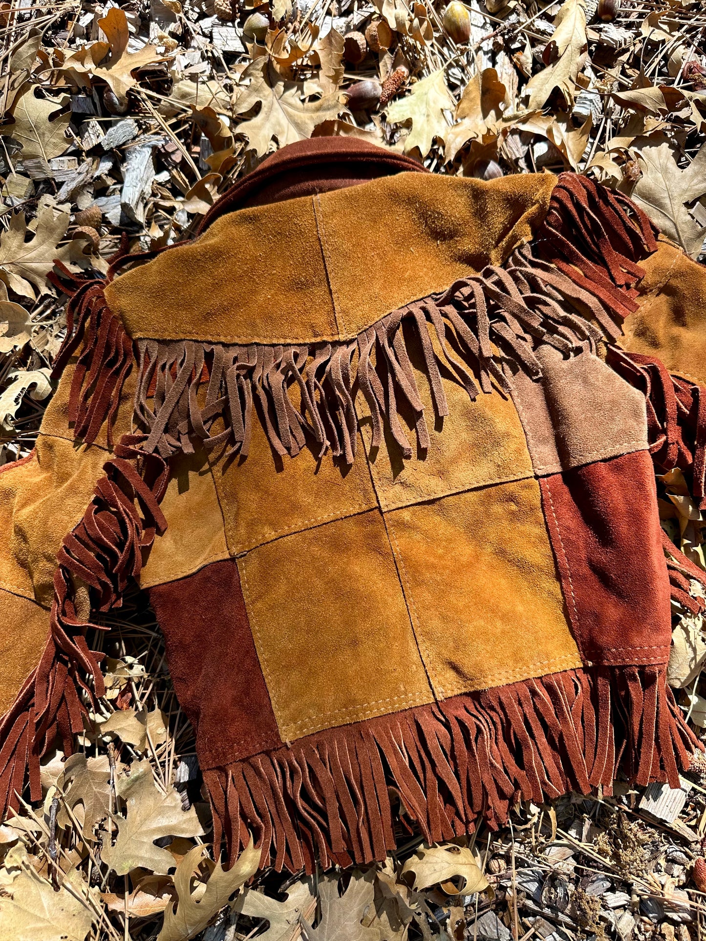 Rare 1960's / 1970's Brown Suede Leather Patchwork and Fringe Jacket - 1T / 2T