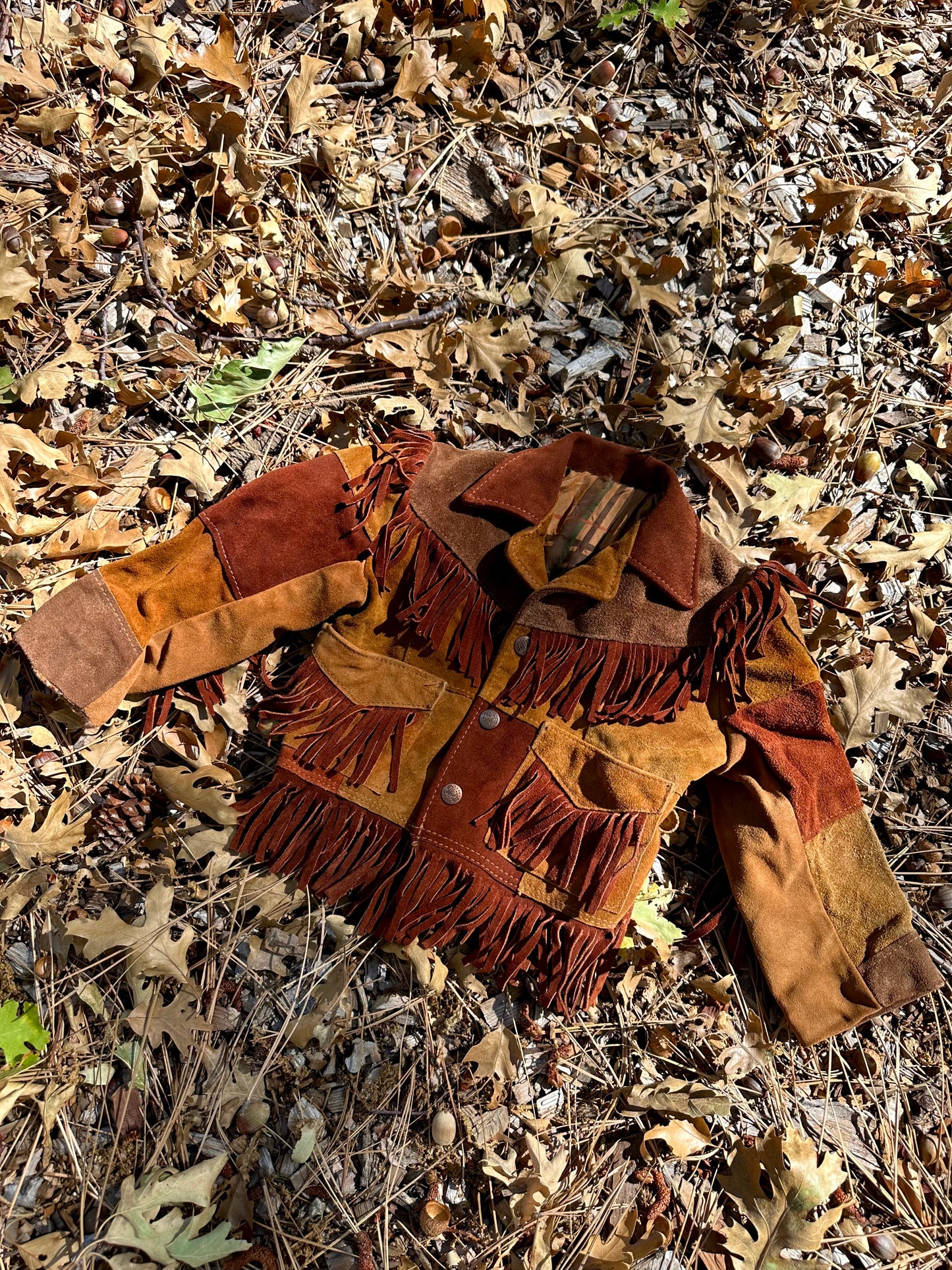 Rare 1960's / 1970's Brown Suede Leather Patchwork and Fringe Jacket - 1T / 2T