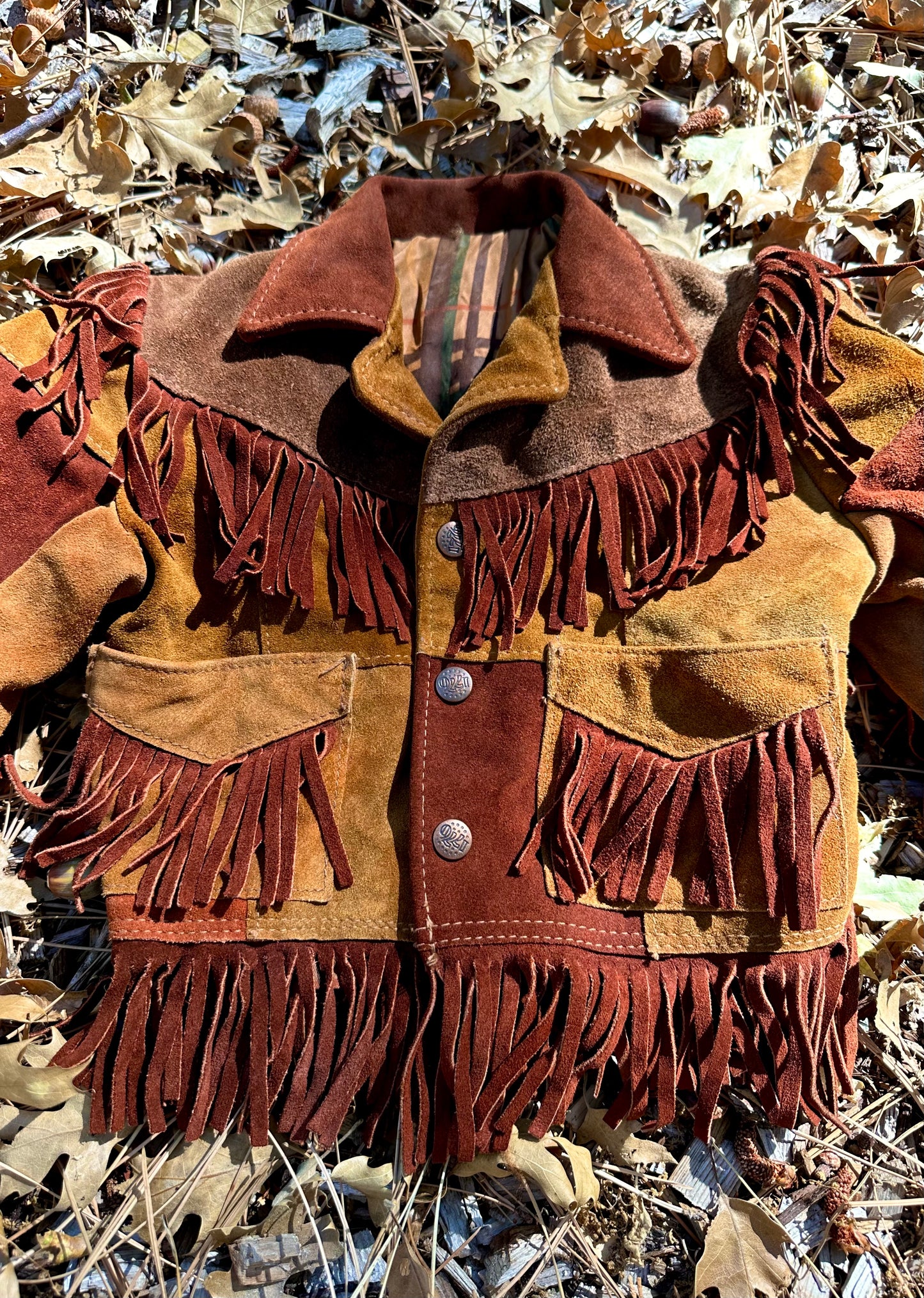Rare 1960's / 1970's Brown Suede Leather Patchwork and Fringe Jacket - 1T / 2T