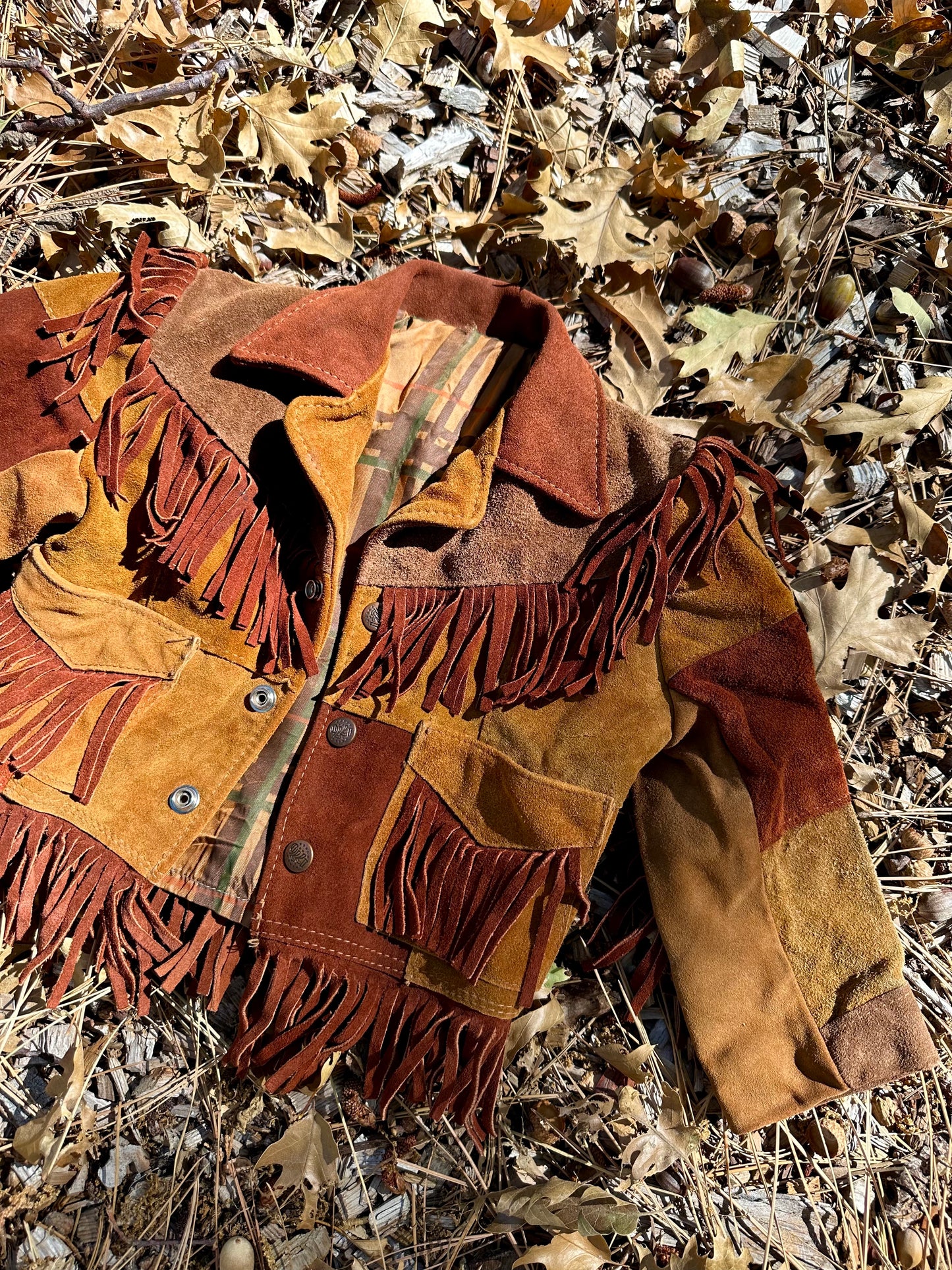 Rare 1960's / 1970's Brown Suede Leather Patchwork and Fringe Jacket - 1T / 2T